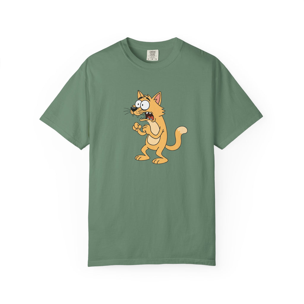 Scared Cartoon Cat T-Shirt — Funny Nervous Kitty Graphic Tee