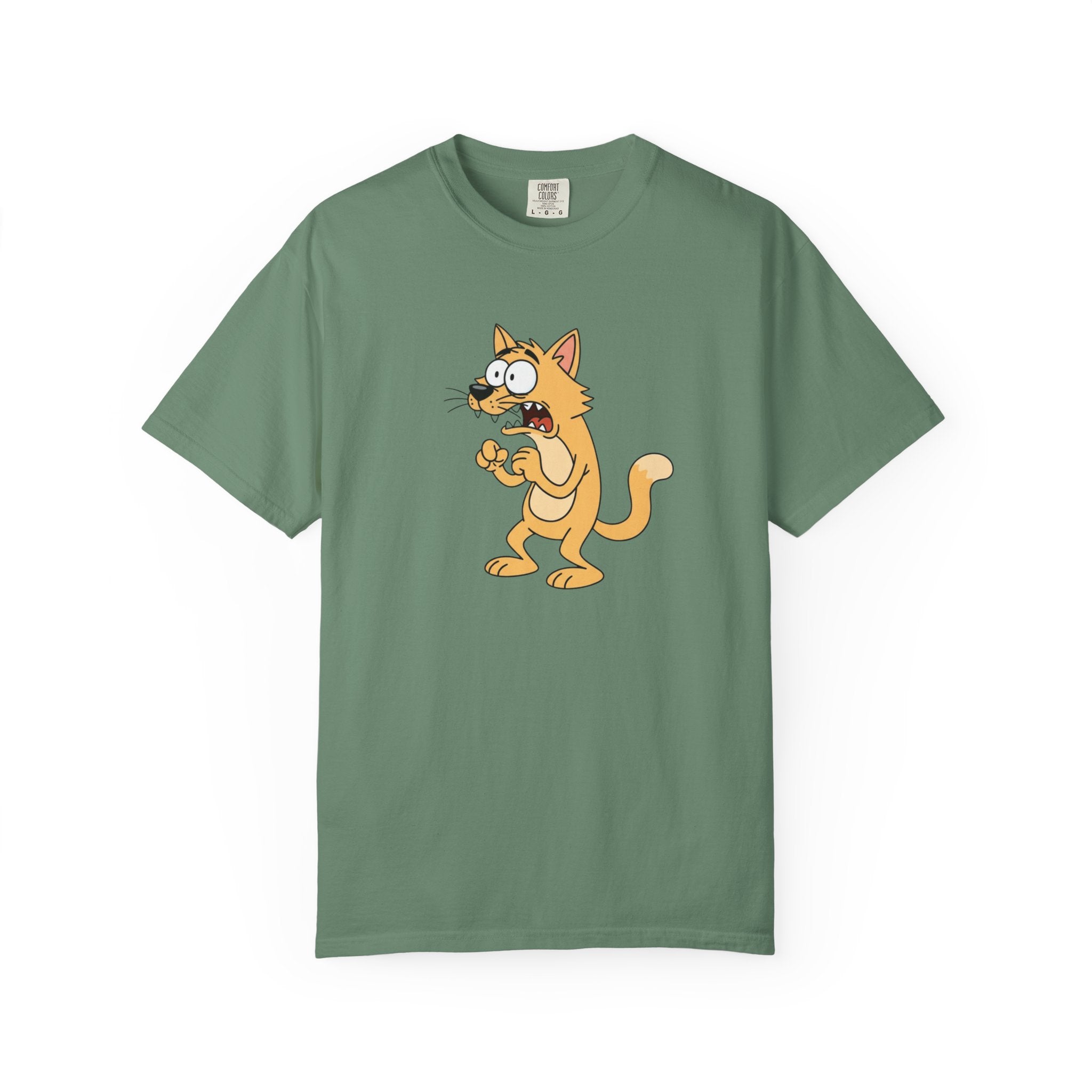 Scared Cartoon Cat T-Shirt — Funny Nervous Kitty Graphic Tee