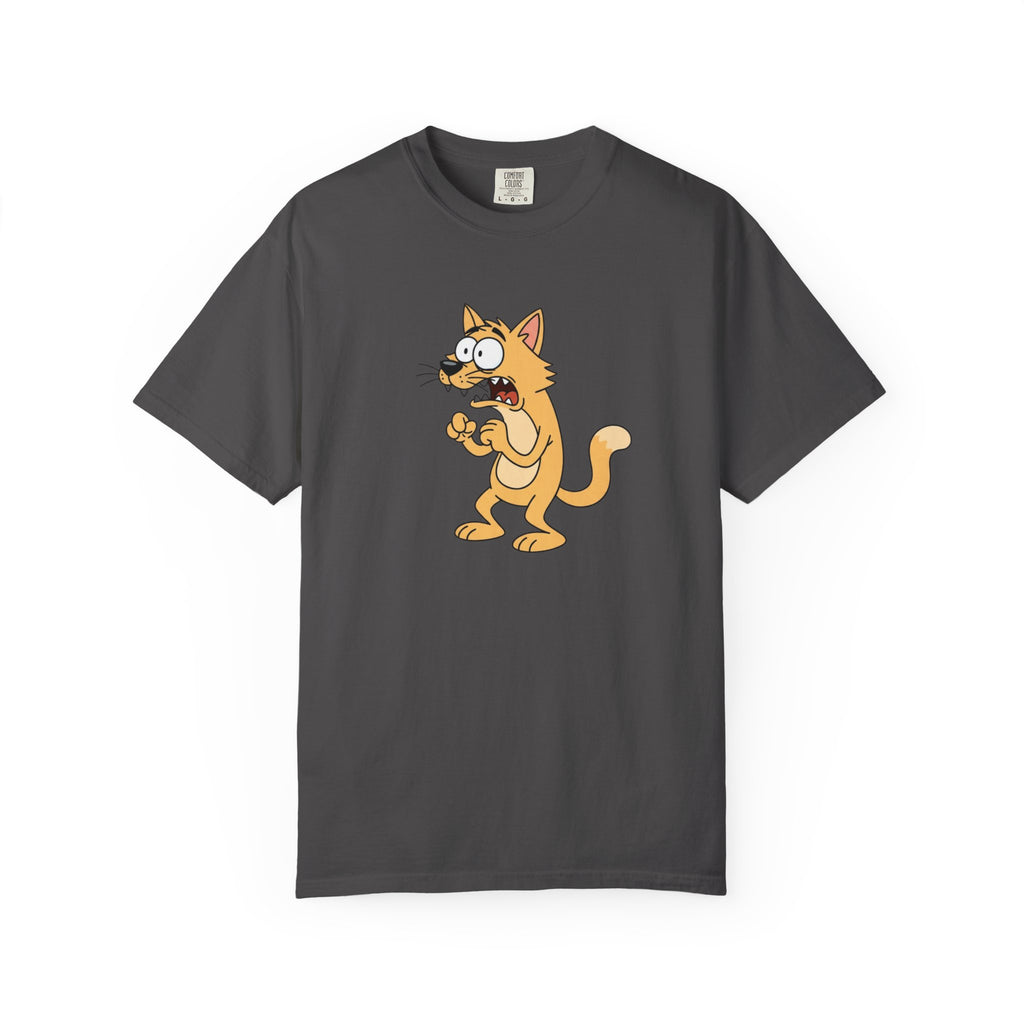 Scared Cartoon Cat T-Shirt — Funny Nervous Kitty Graphic Tee