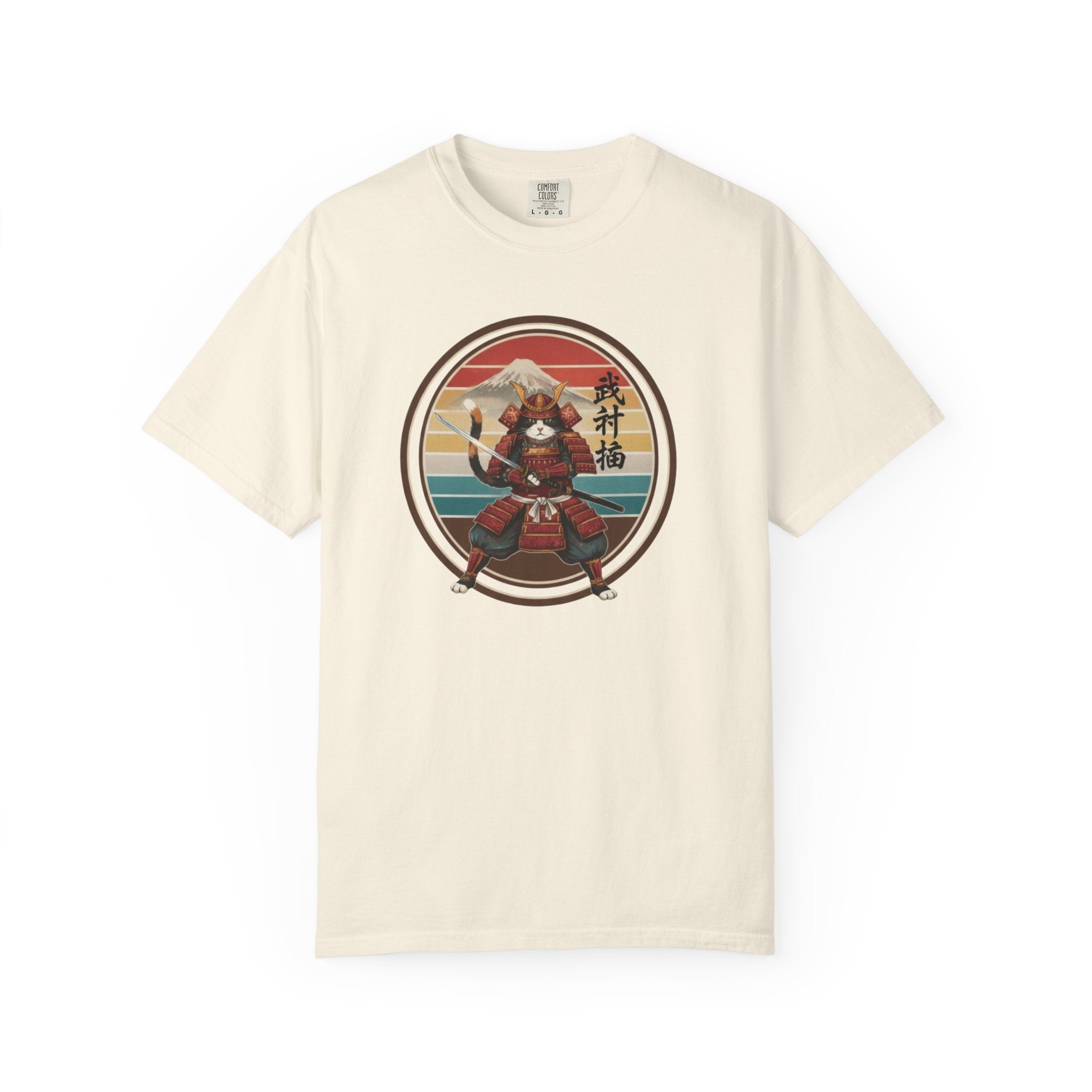 Samurai Cat at Sunset T-Shirt — Vintage Japanese Warrior Graphic Tee