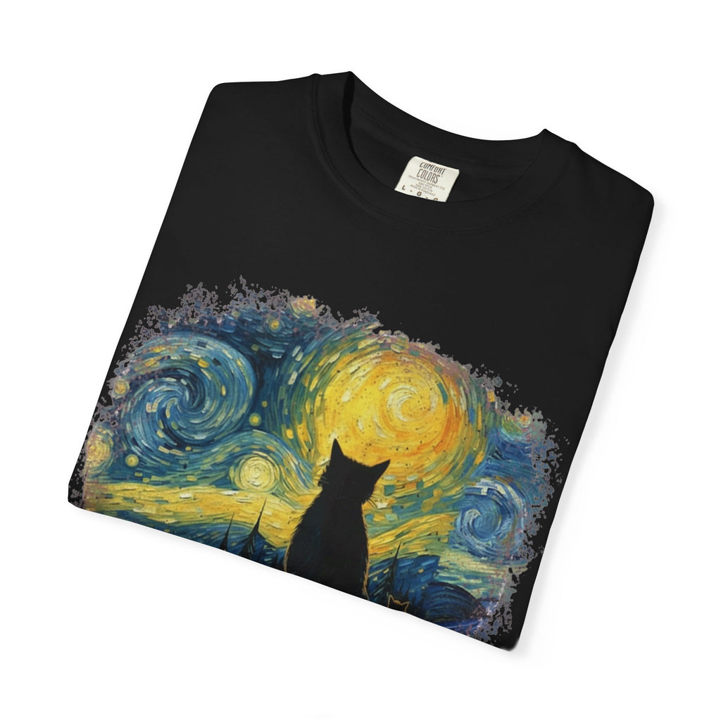 Starry Night Cat T-Shirt — Van Gogh Style Silhouette Tee