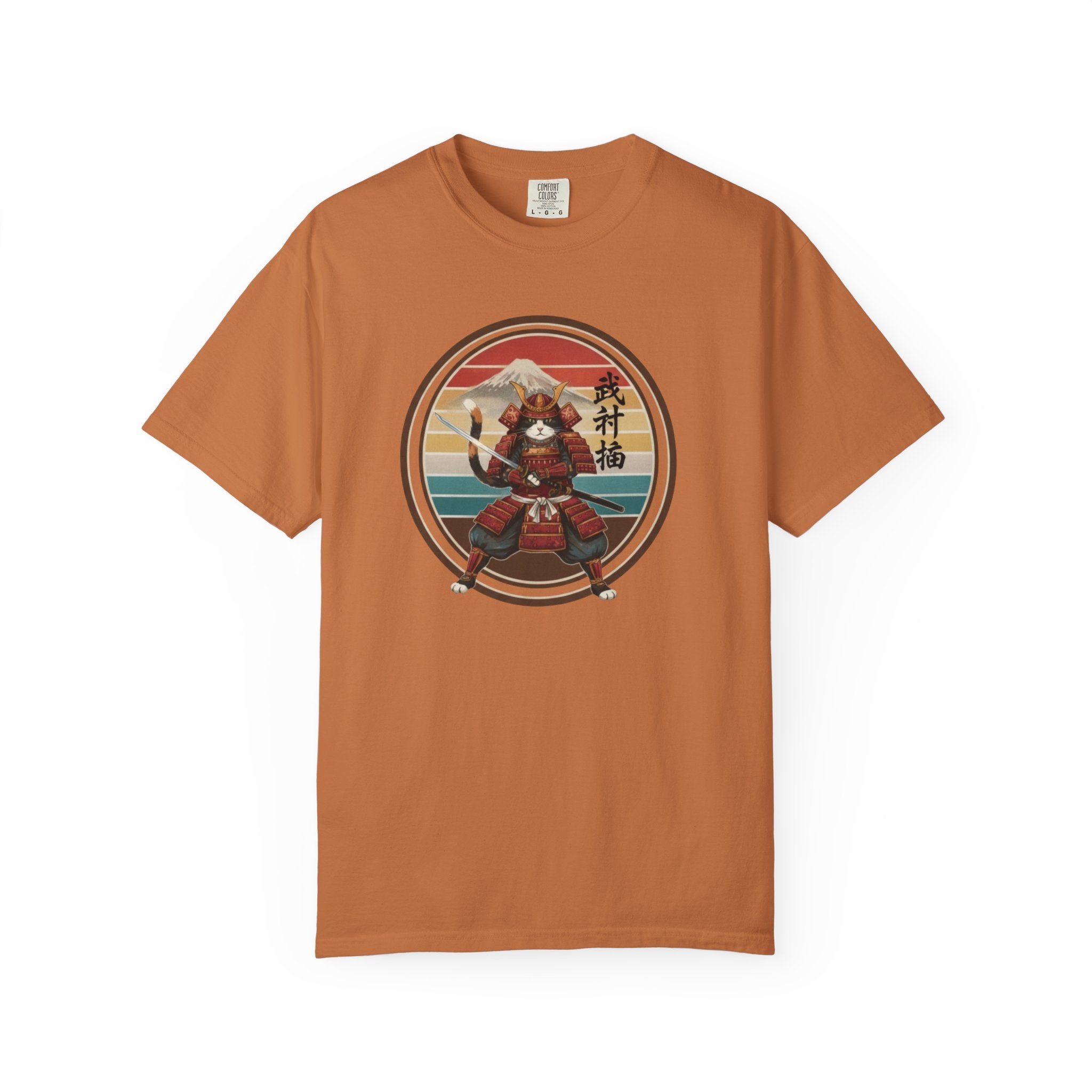 Samurai Cat at Sunset T-Shirt — Vintage Japanese Warrior Graphic Tee