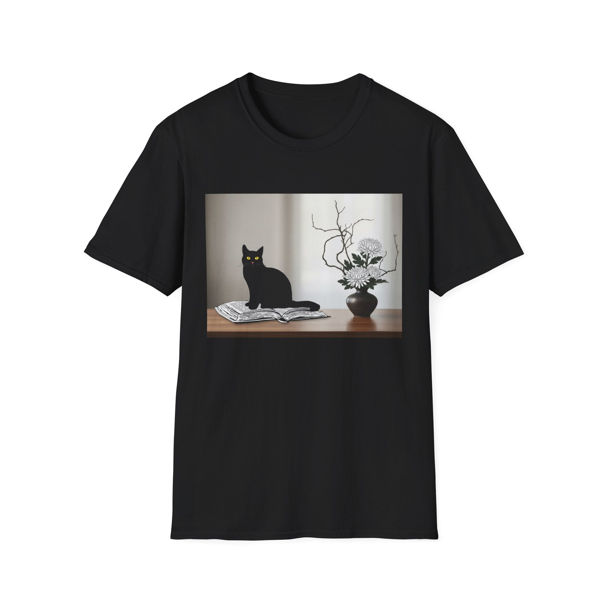 Black CatJapanese Still Life T‑Shirt — Minimalist Cat Art Tee