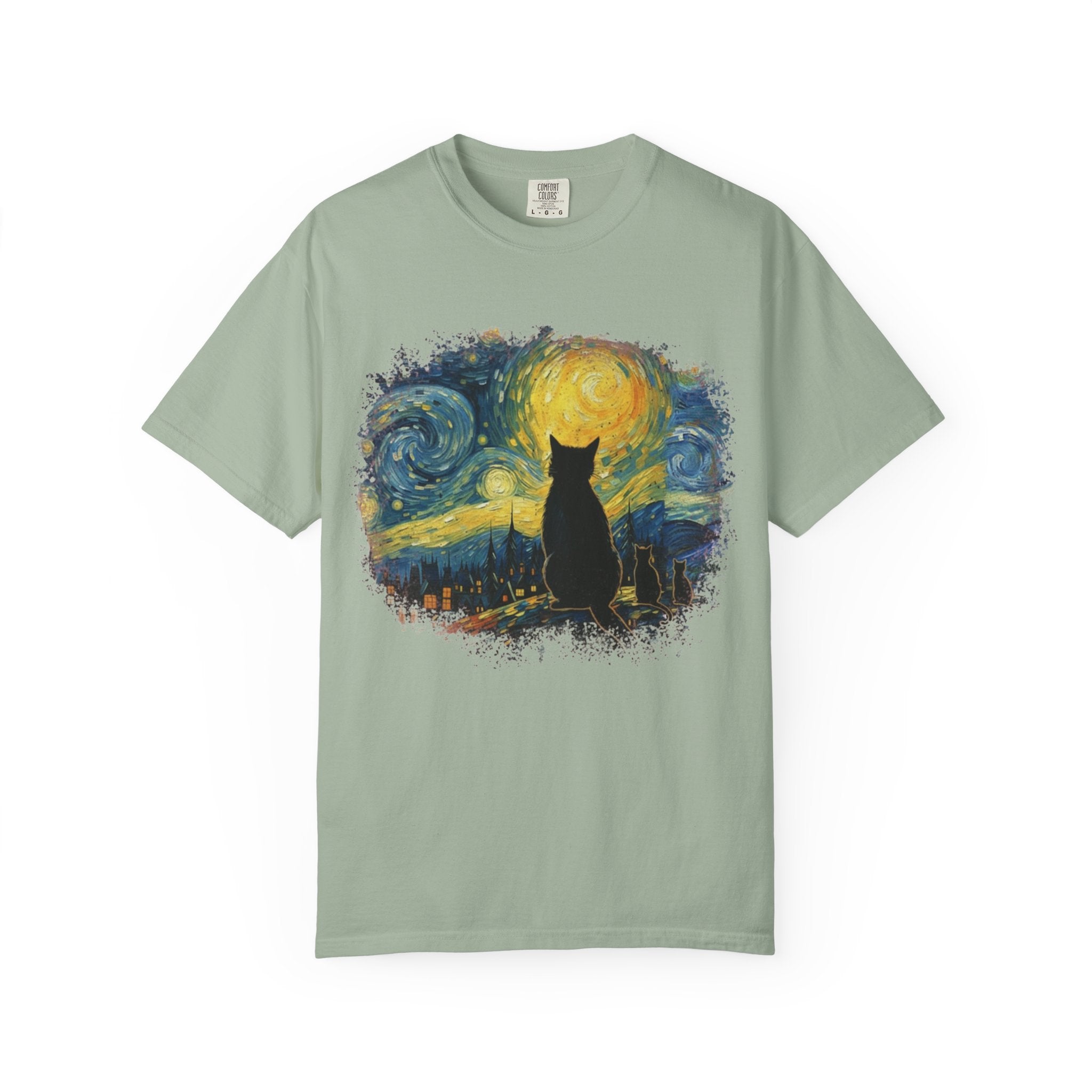 Starry Night Cat T-Shirt — Van Gogh Style Silhouette Tee