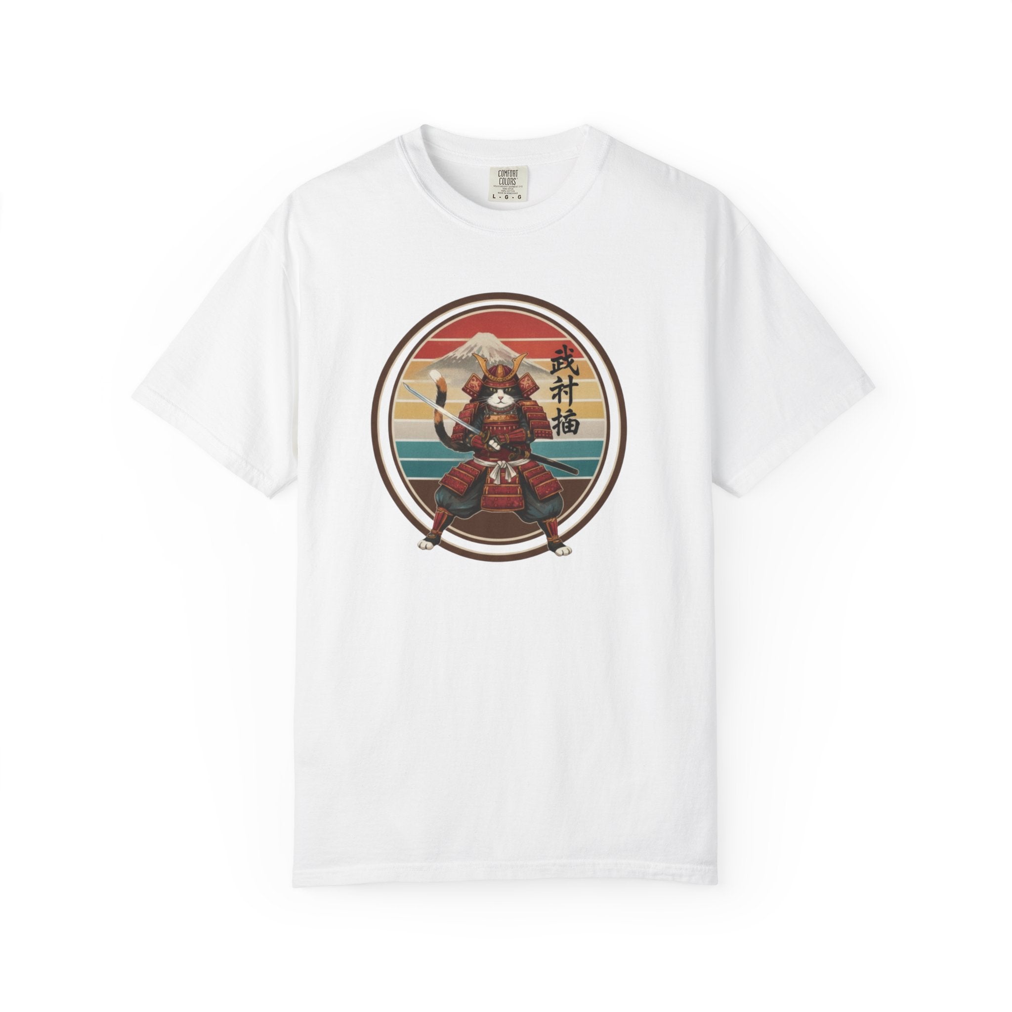 Samurai Cat at Sunset T-Shirt — Vintage Japanese Warrior Graphic Tee