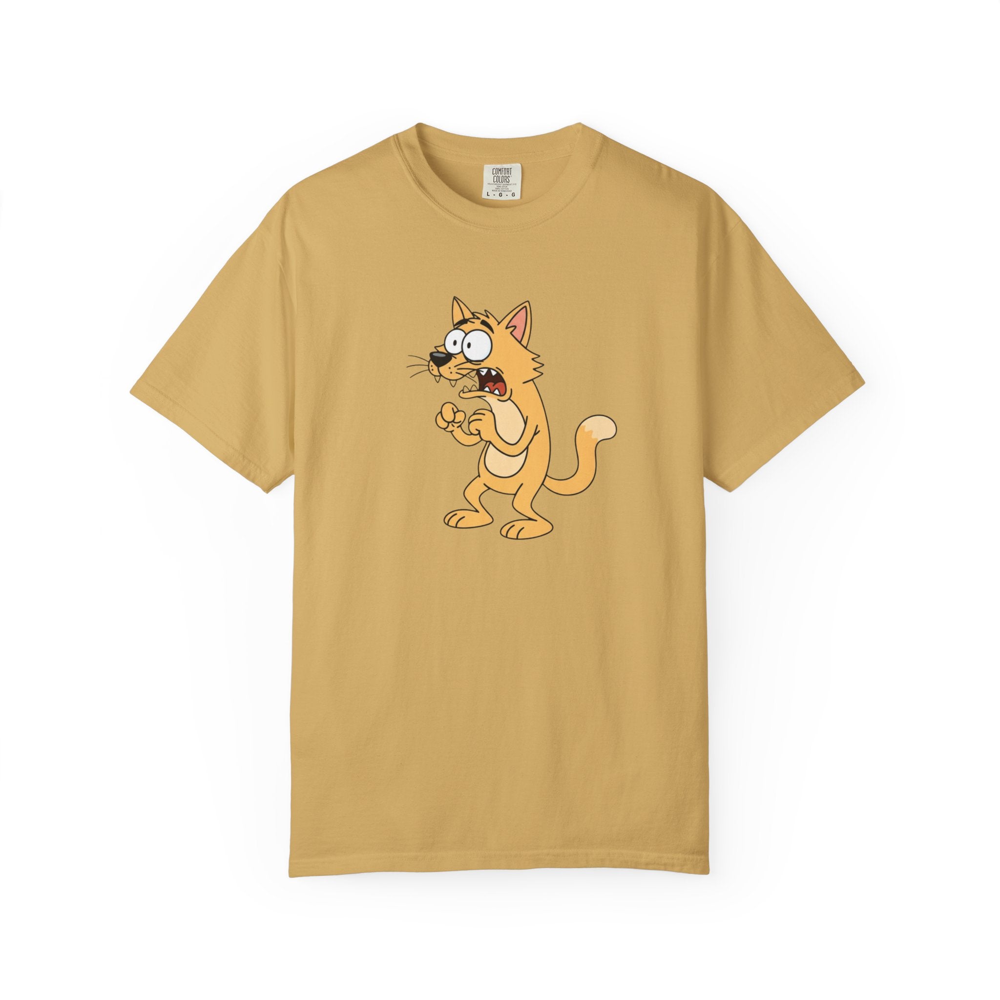 Scared Cartoon Cat T-Shirt — Funny Nervous Kitty Graphic Tee