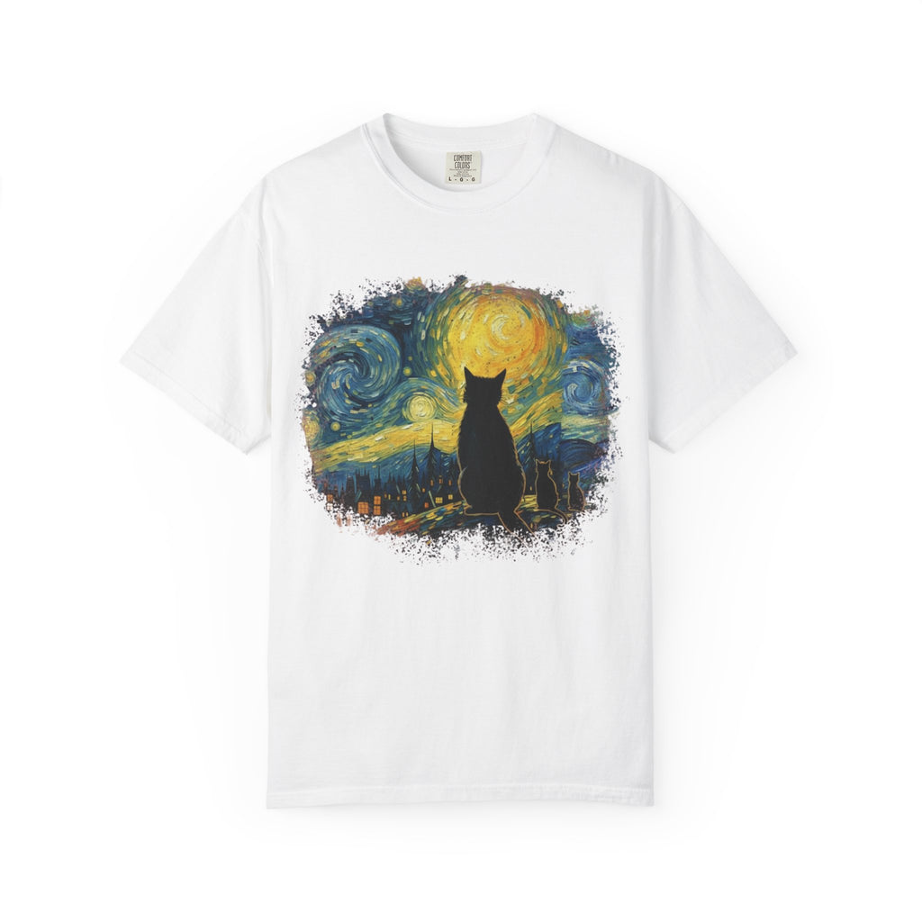 Starry Night Cat T-Shirt — Van Gogh Style Silhouette Tee