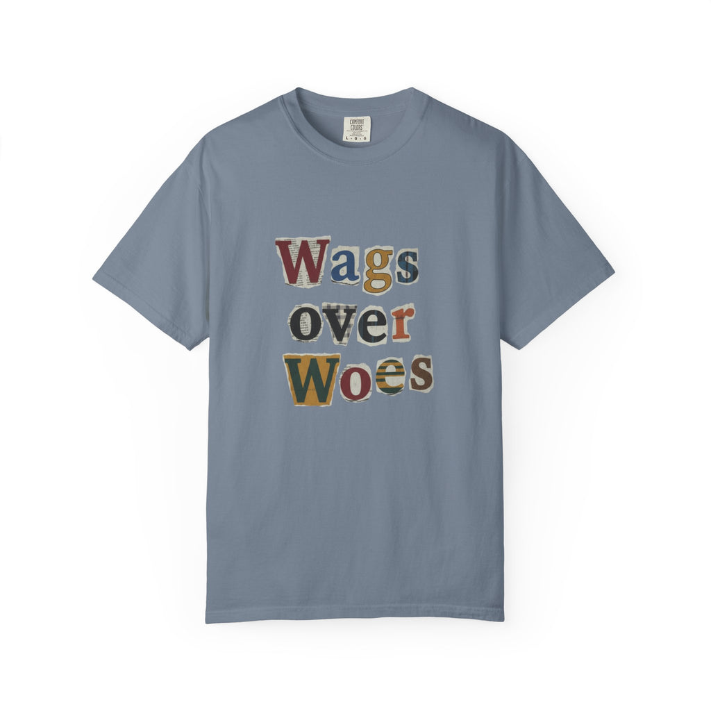 Wags Over Woes T-Shirt — Vintage Patch Lettering Dog Lover Tee Retro Design