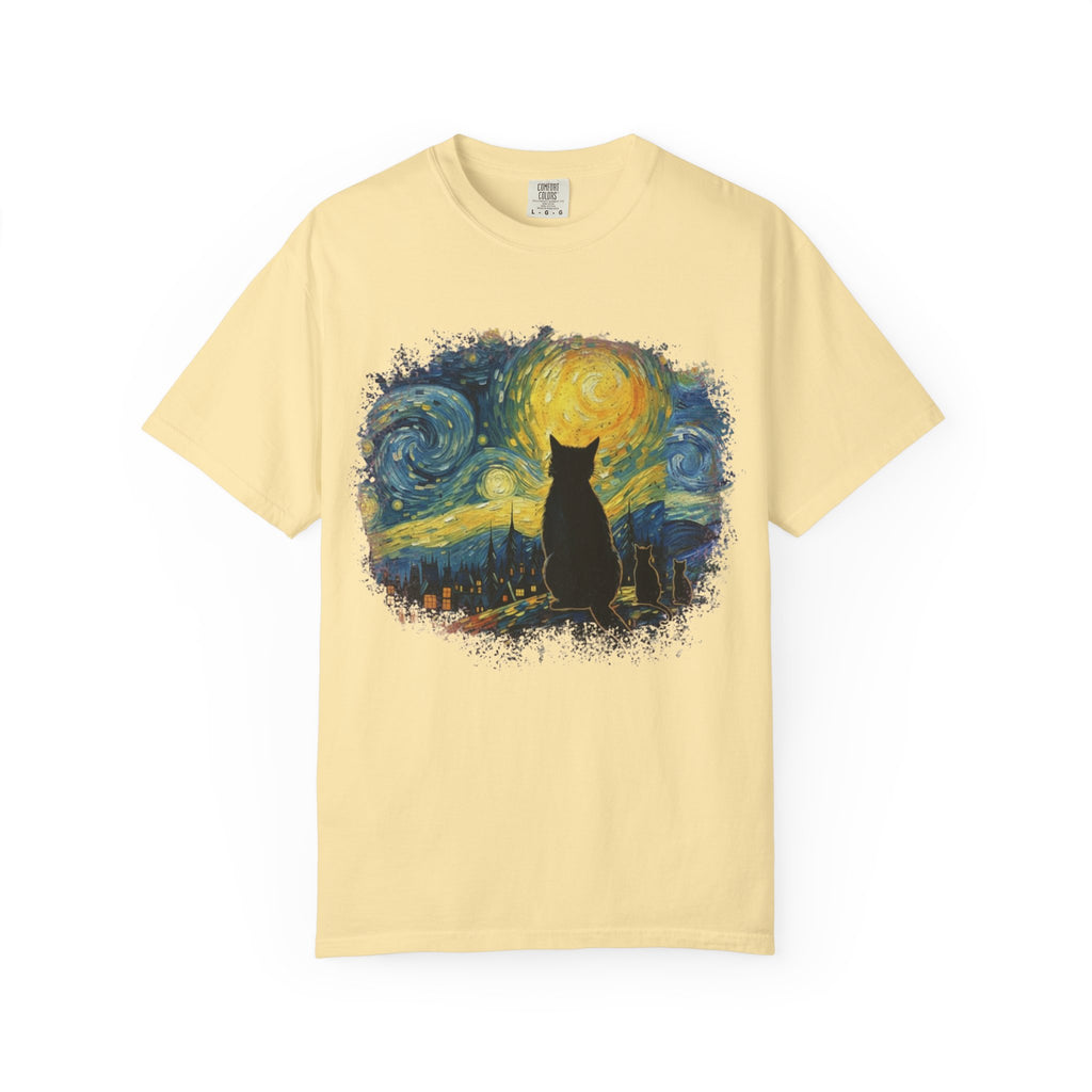 Starry Night Cat T-Shirt — Van Gogh Style Silhouette Tee