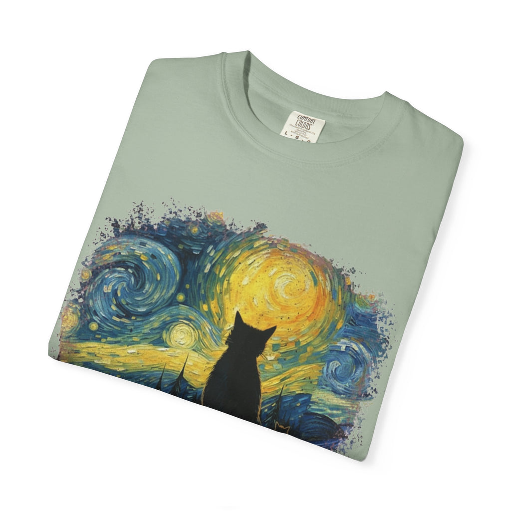 Starry Night Cat T-Shirt — Van Gogh Style Silhouette Tee