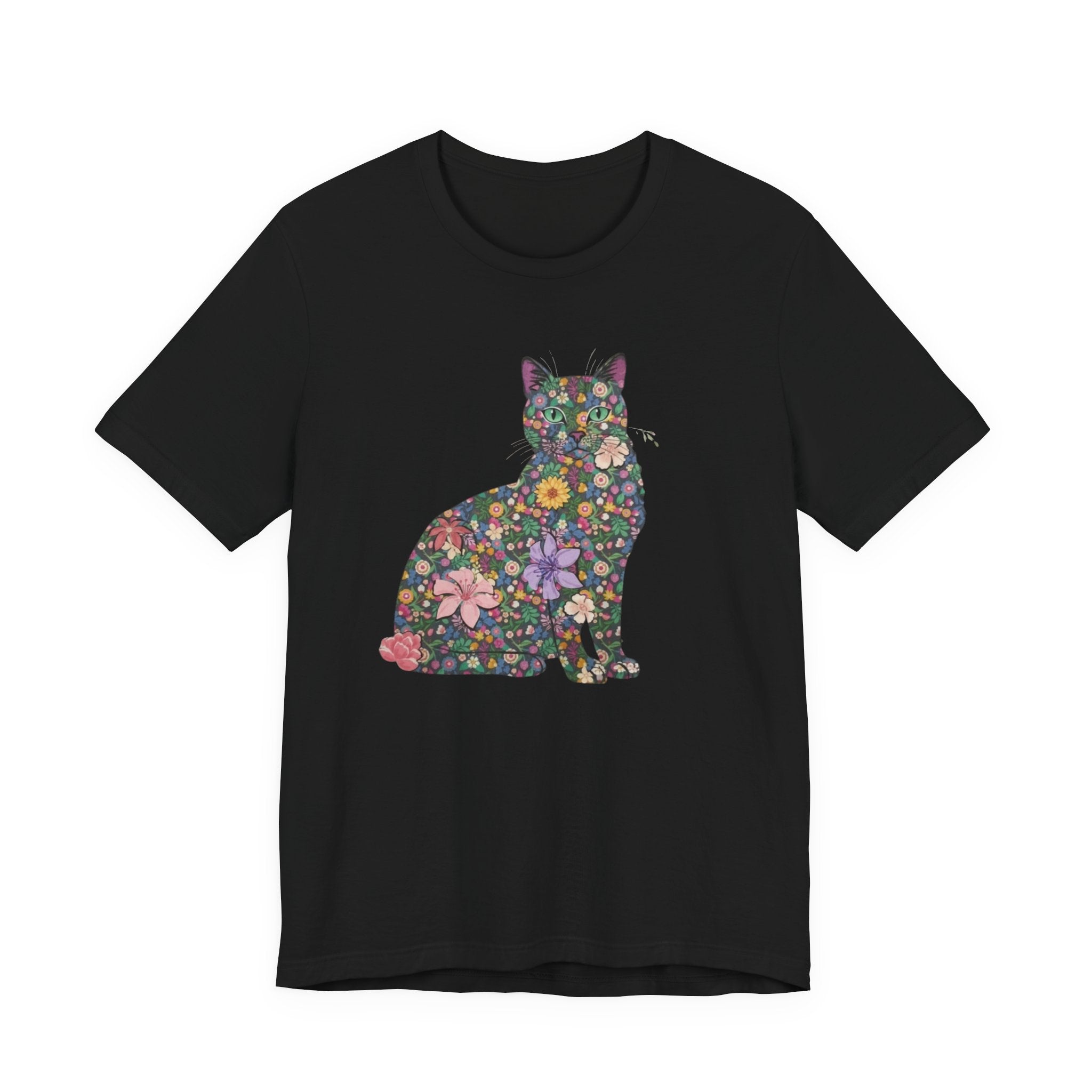Floral Cat Silhouette Tee — Women's Cute Flower Cat T-Shirt