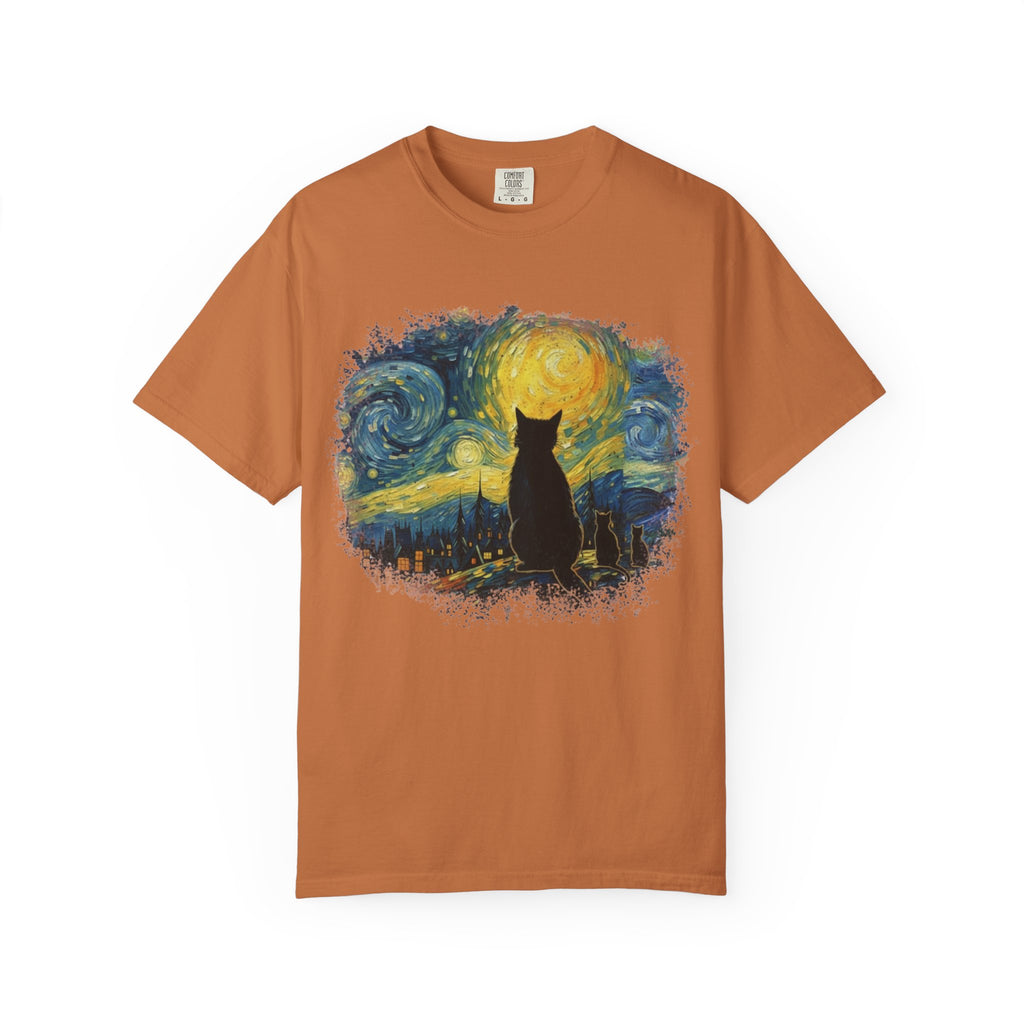 Starry Night Cat T-Shirt — Van Gogh Style Silhouette Tee