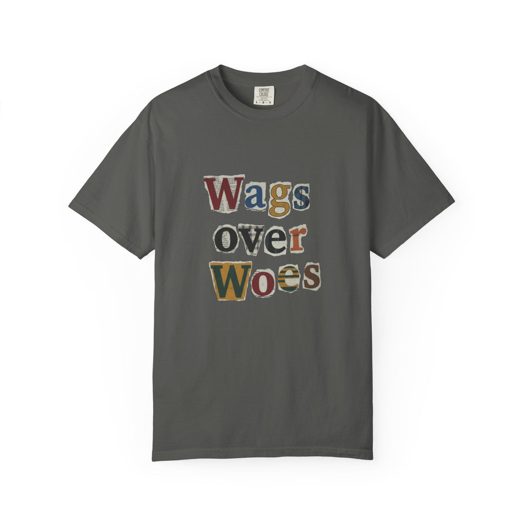 Wags Over Woes T-Shirt — Vintage Patch Lettering Dog Lover Tee Retro Design