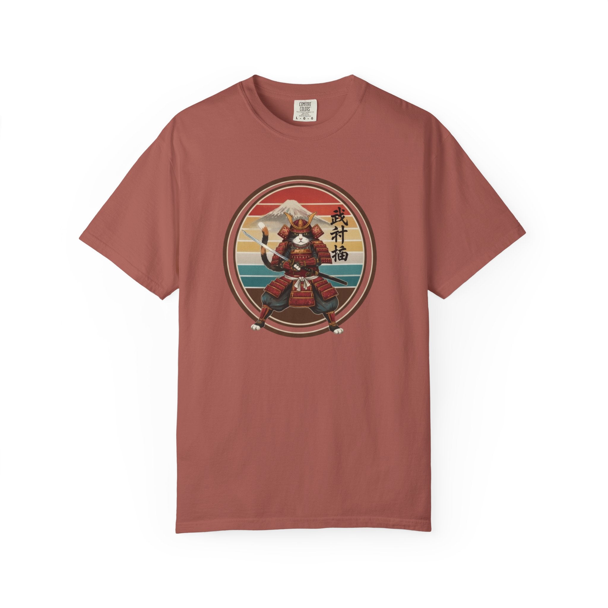 Samurai Cat at Sunset T-Shirt — Vintage Japanese Warrior Graphic Tee
