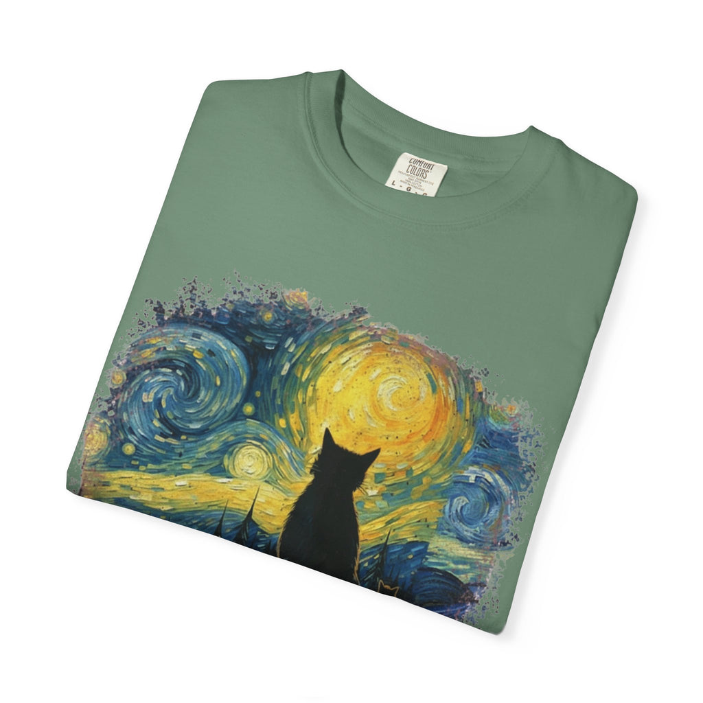 Starry Night Cat T-Shirt — Van Gogh Style Silhouette Tee