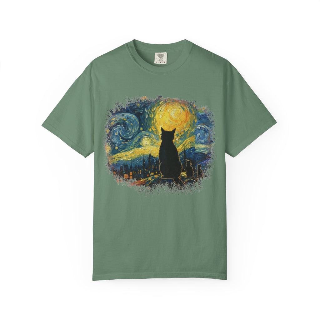 Starry Night Cat T-Shirt — Van Gogh Style Silhouette Tee