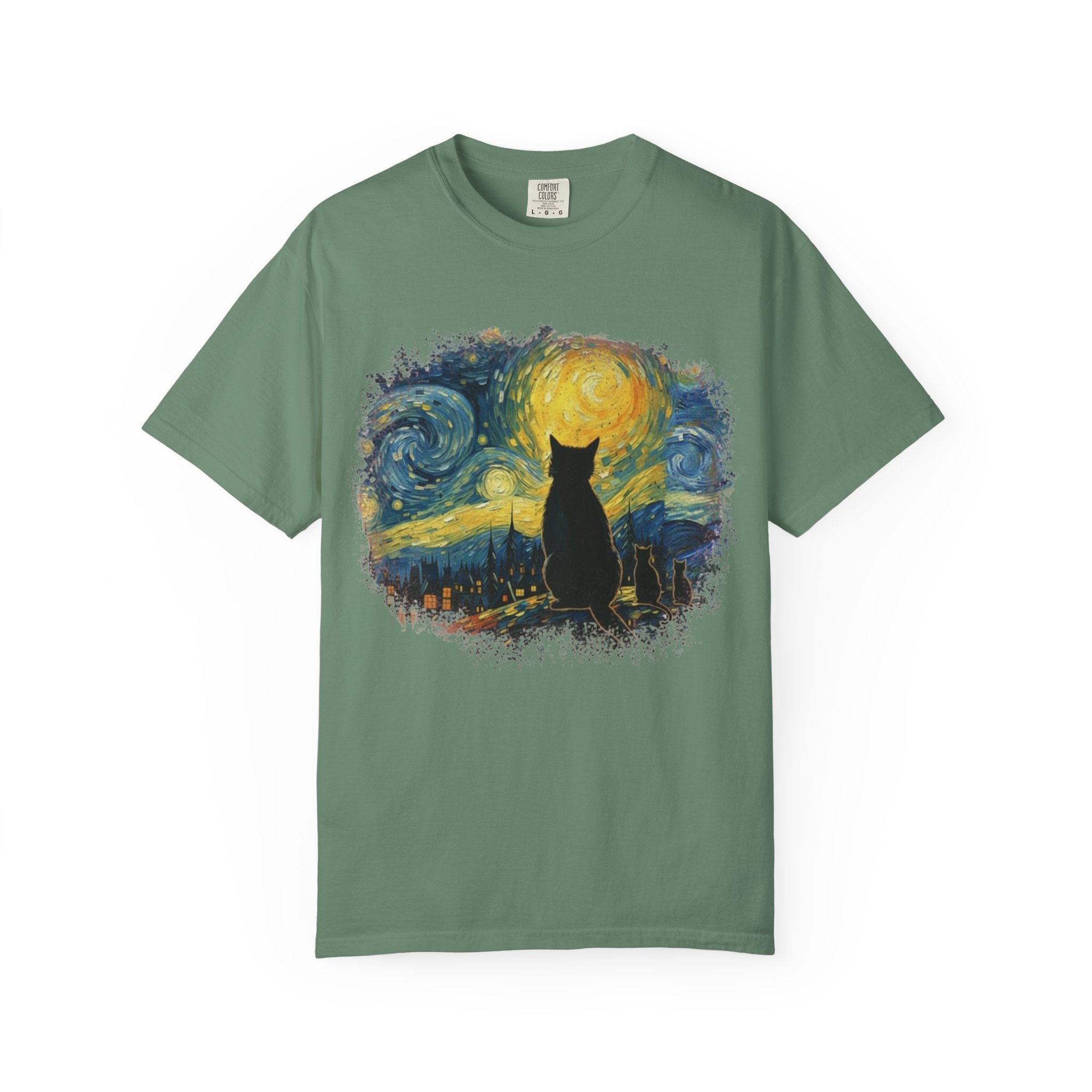 Starry Night Cat T-Shirt — Van Gogh Style Silhouette Tee