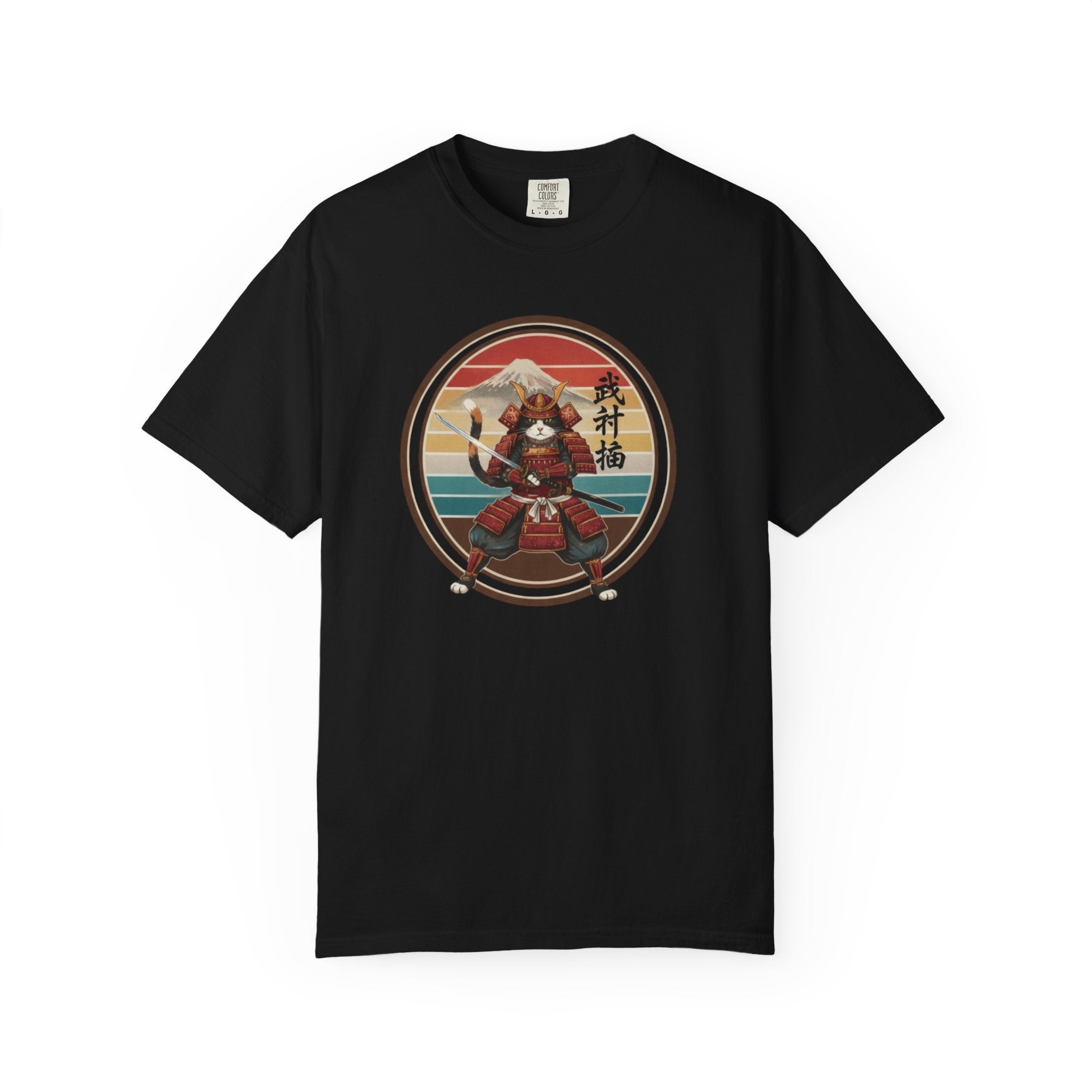 Samurai Cat at Sunset T-Shirt — Vintage Japanese Warrior Graphic Tee