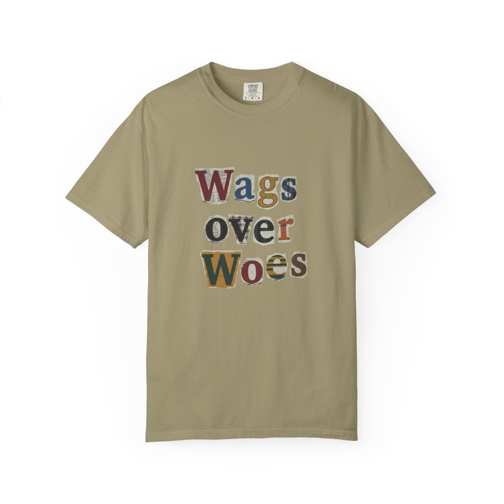 Wags Over Woes T-Shirt — Vintage Patch Lettering Dog Lover Tee Retro Design