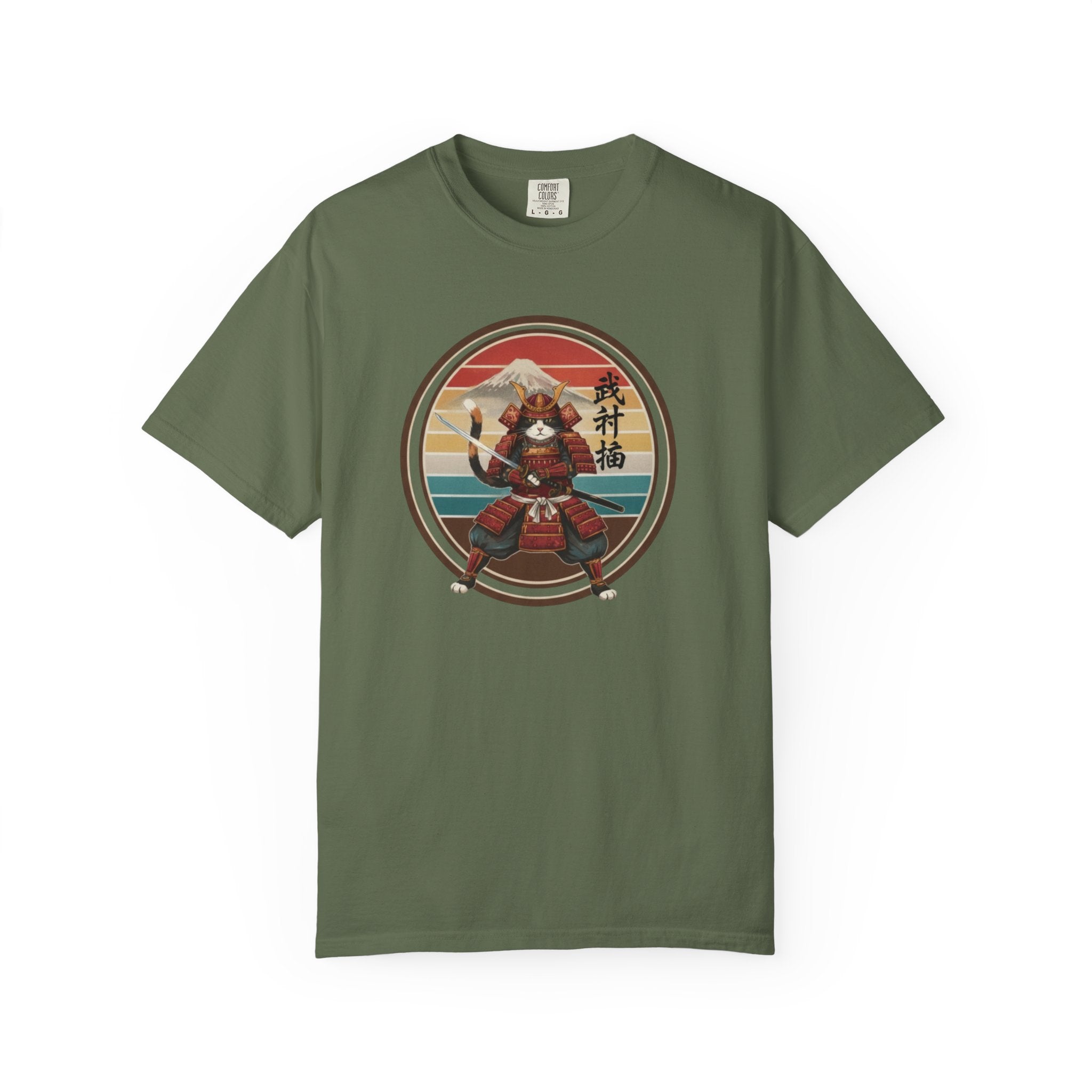 Samurai Cat at Sunset T-Shirt — Vintage Japanese Warrior Graphic Tee