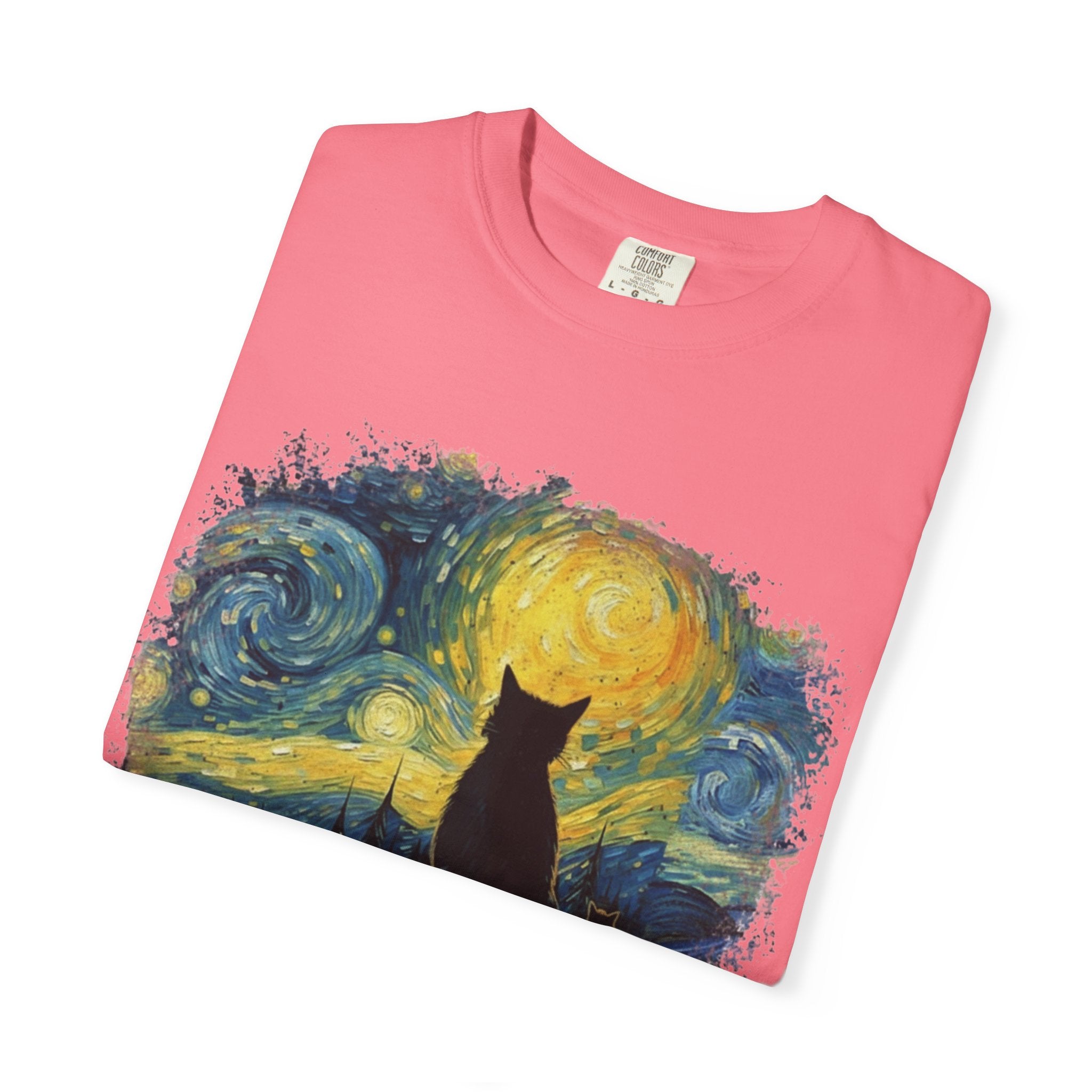 Starry Night Cat T-Shirt — Van Gogh Style Silhouette Tee