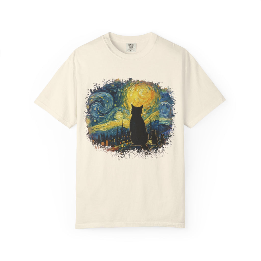 Starry Night Cat T-Shirt — Van Gogh Style Silhouette Tee
