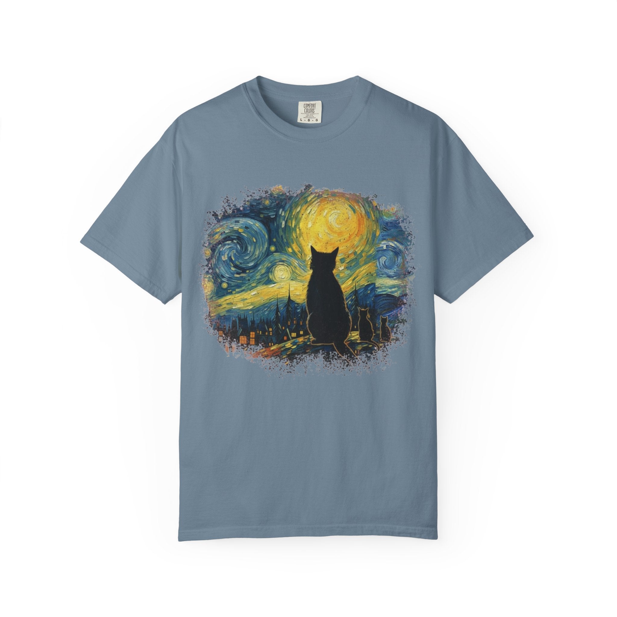 Starry Night Cat T-Shirt — Van Gogh Style Silhouette Tee