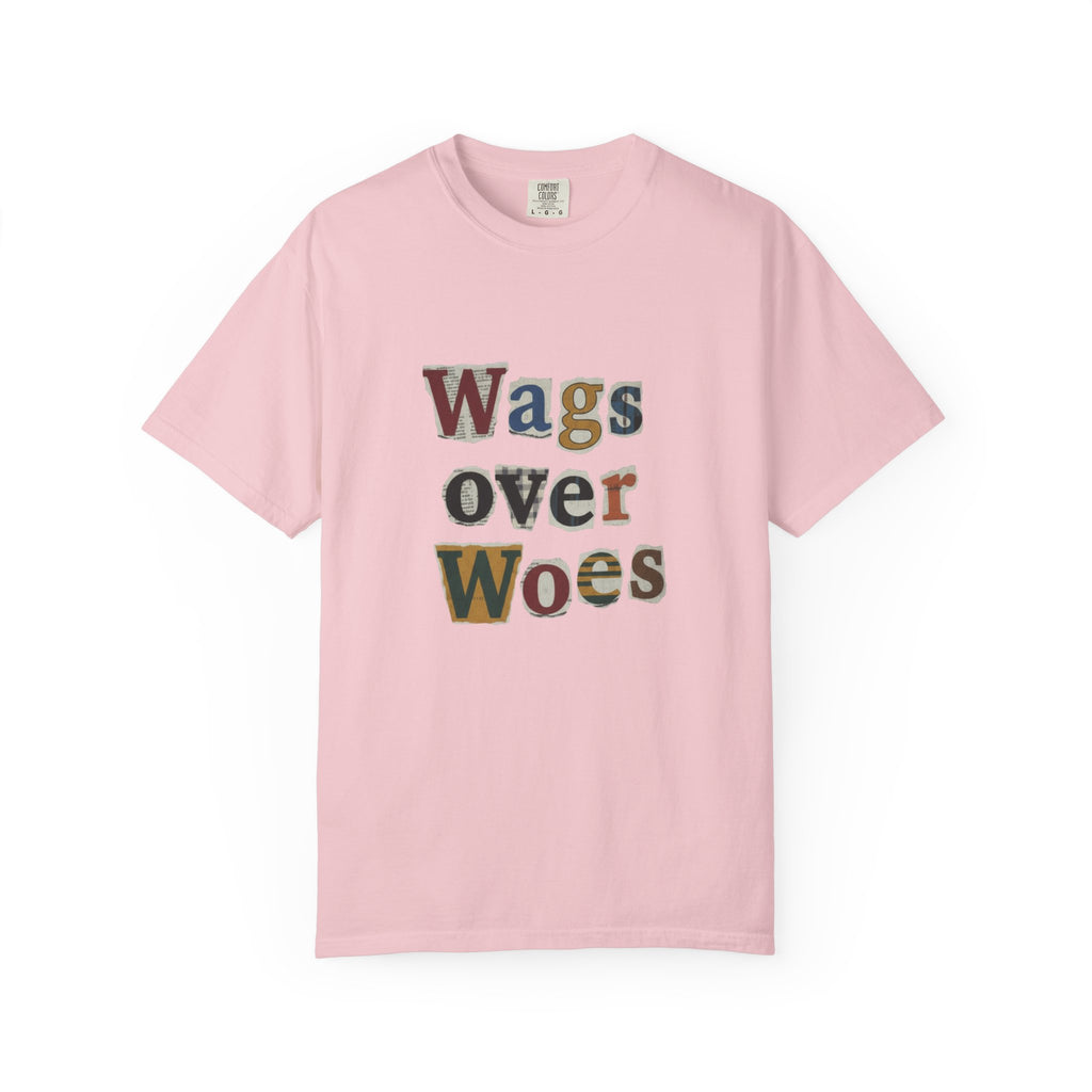 Wags Over Woes T-Shirt — Vintage Patch Lettering Dog Lover Tee Retro Design