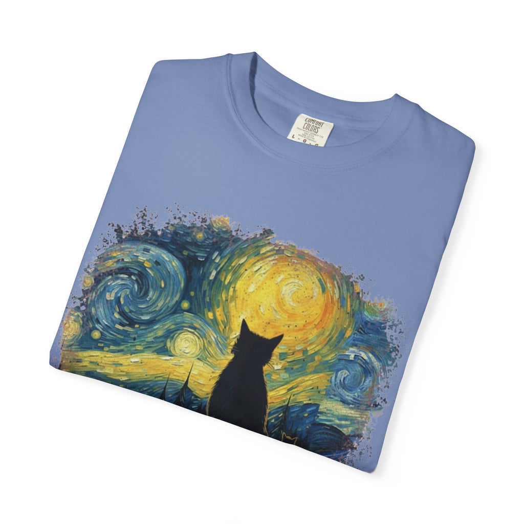 Starry Night Cat T-Shirt — Van Gogh Style Silhouette Tee