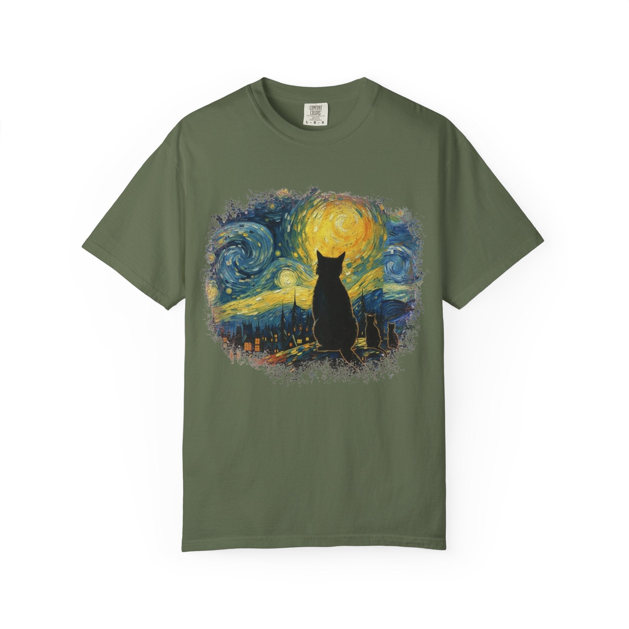 Starry Night Cat T-Shirt — Van Gogh Style Silhouette Tee