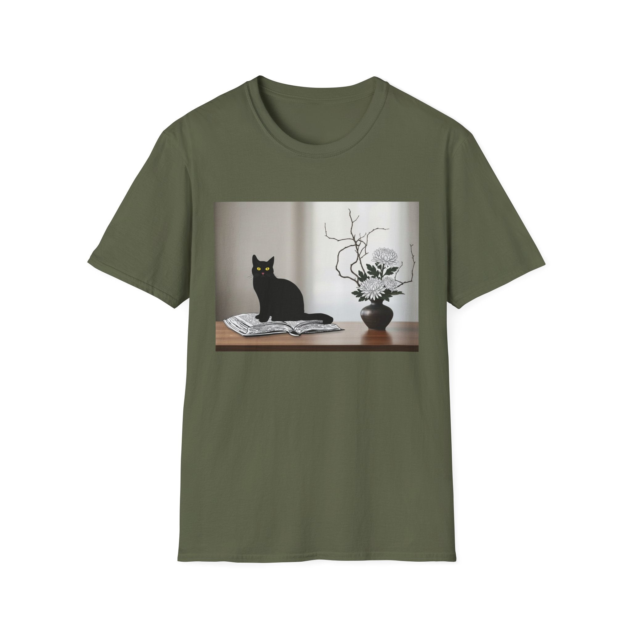 Black CatJapanese Still Life T‑Shirt — Minimalist Cat Art Tee
