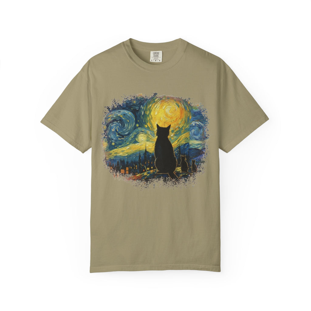Starry Night Cat T-Shirt — Van Gogh Style Silhouette Tee