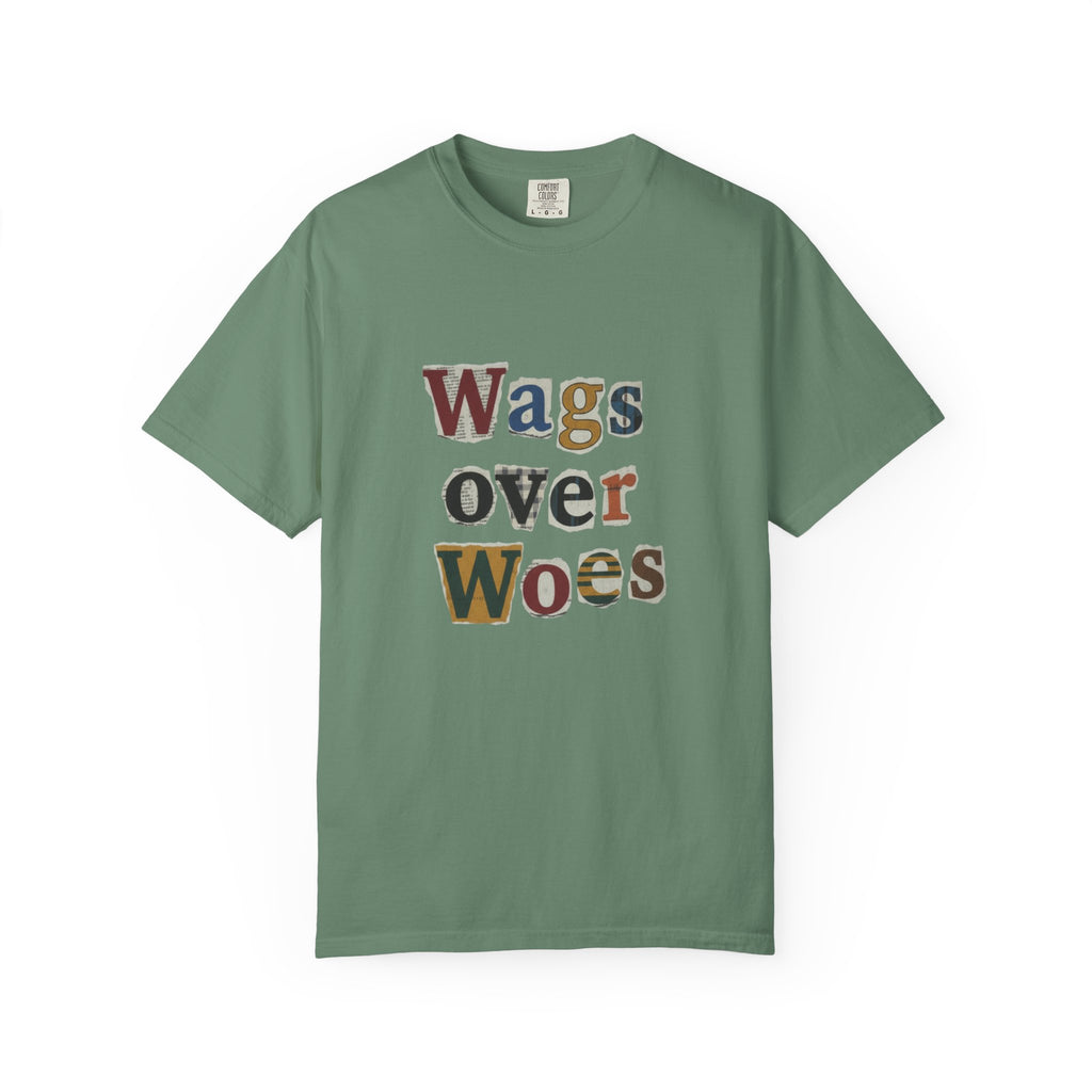 Wags Over Woes T-Shirt — Vintage Patch Lettering Dog Lover Tee Retro Design