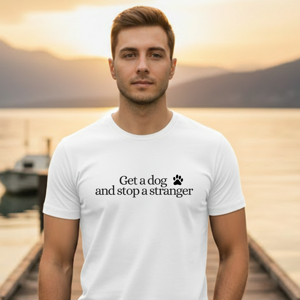 T‑Shirt — "Get a dog and stop a stranger" Paw Print Tee