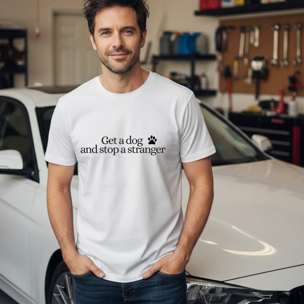 T‑Shirt — "Get a dog and stop a stranger" Paw Print Tee