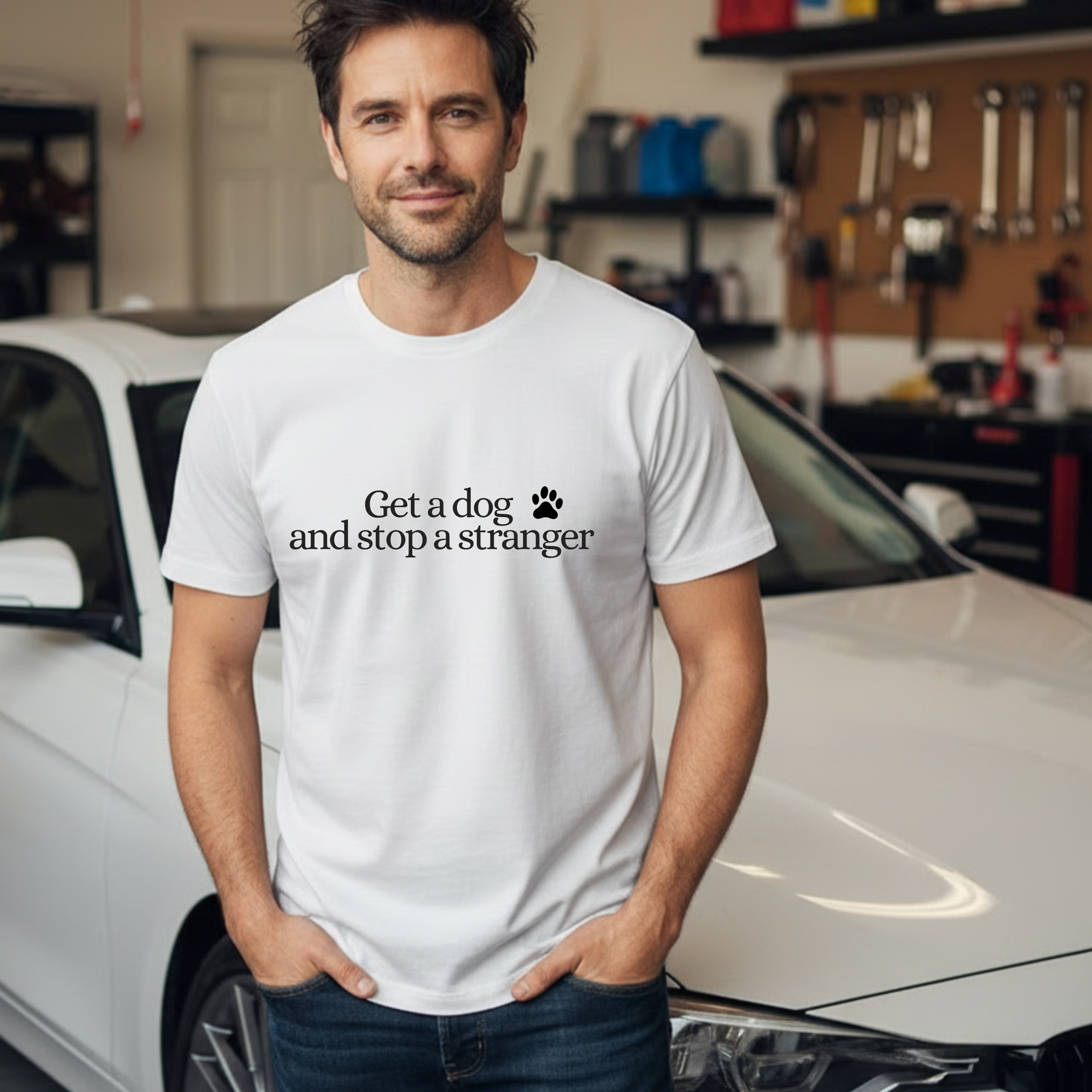 T‑Shirt — "Get a dog and stop a stranger" Paw Print Tee