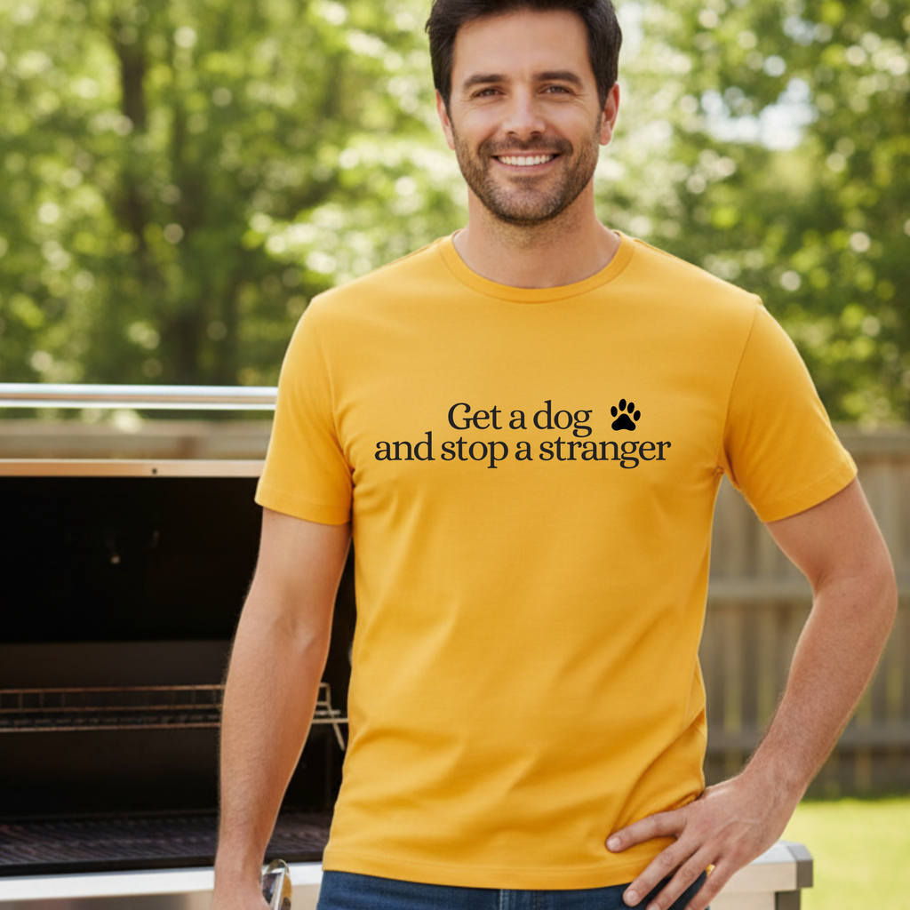 T‑Shirt — "Get a dog and stop a stranger" Paw Print Tee