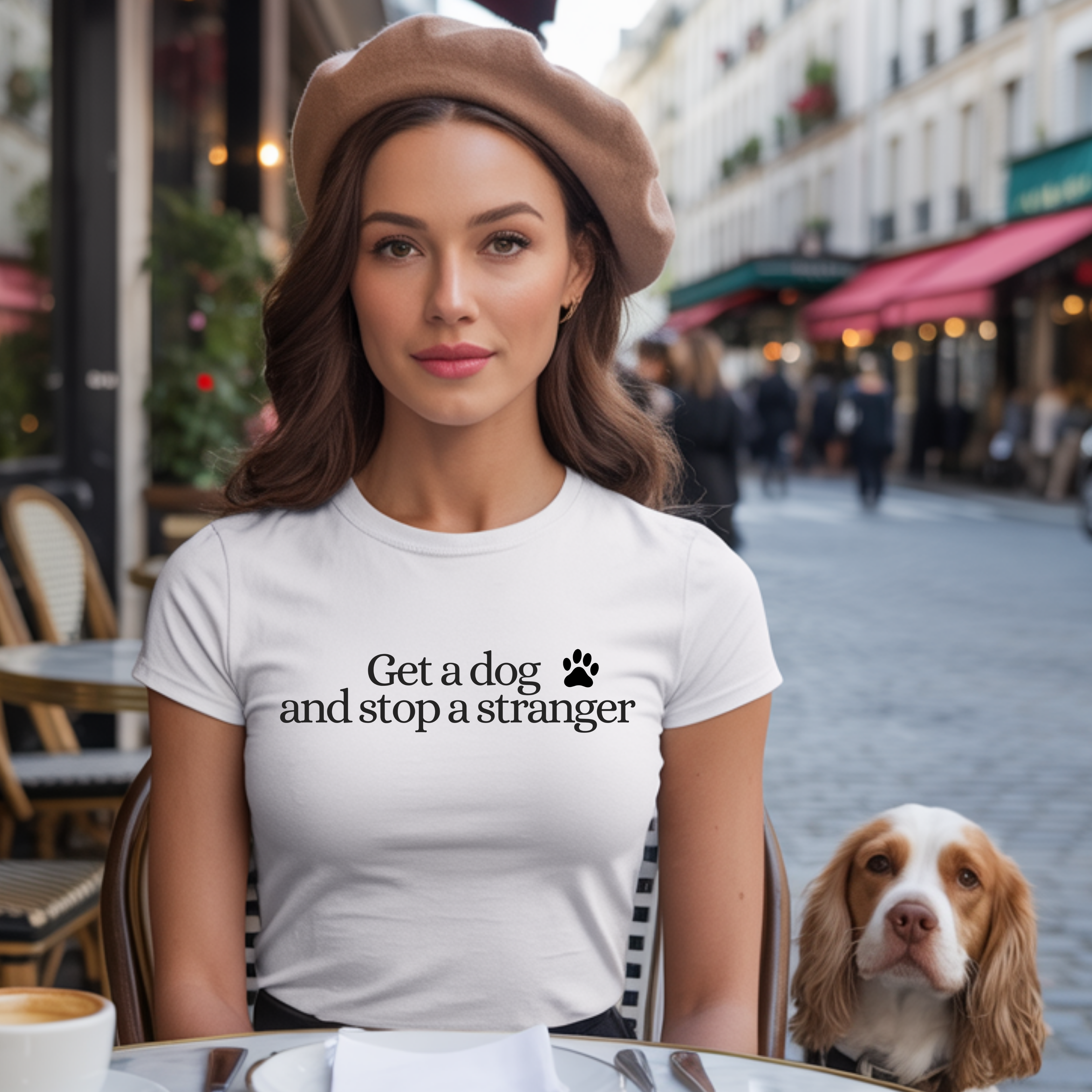 T‑Shirt — "Get a dog and stop a stranger" Paw Print Tee