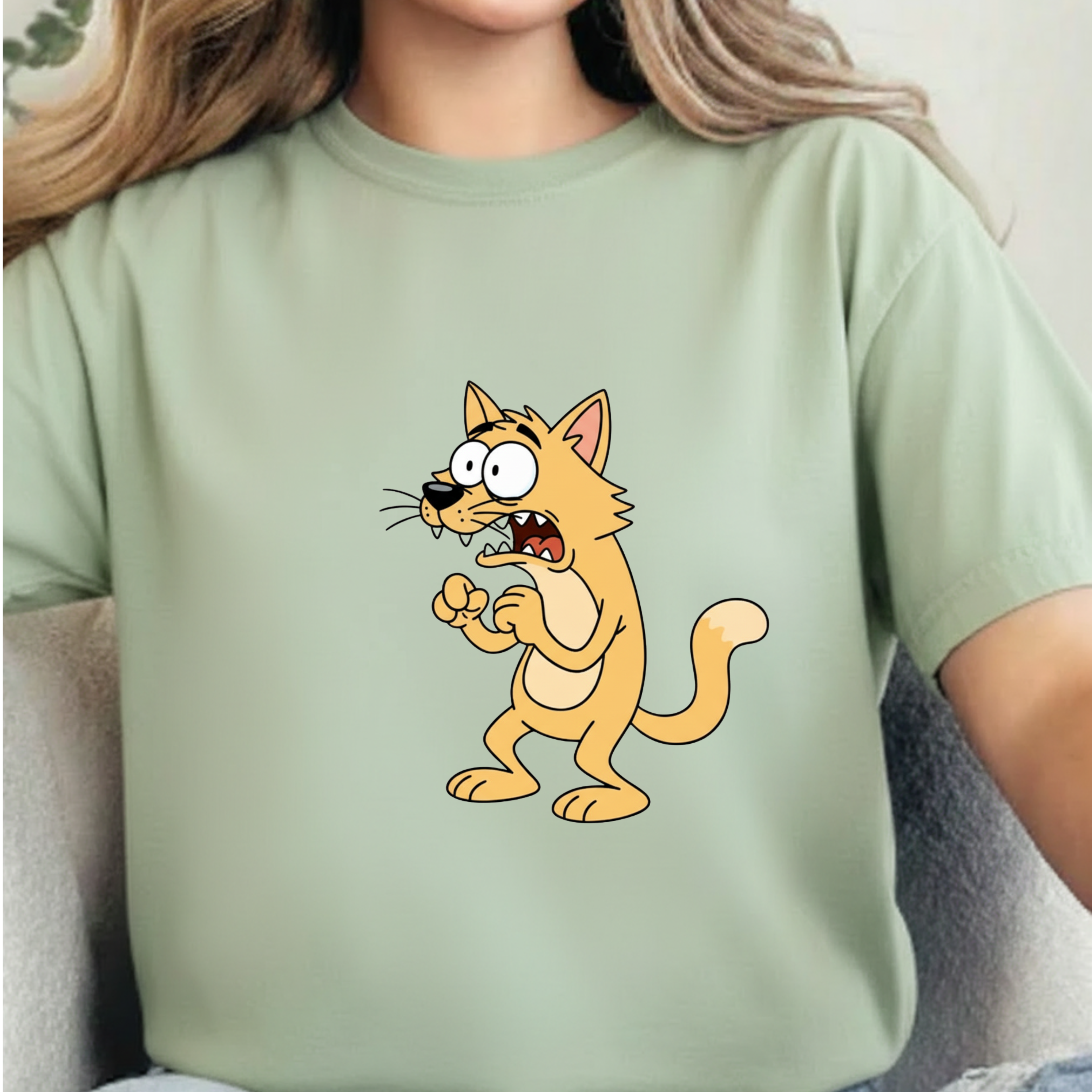 Scared Cartoon Cat T-Shirt — Funny Nervous Kitty Graphic Tee