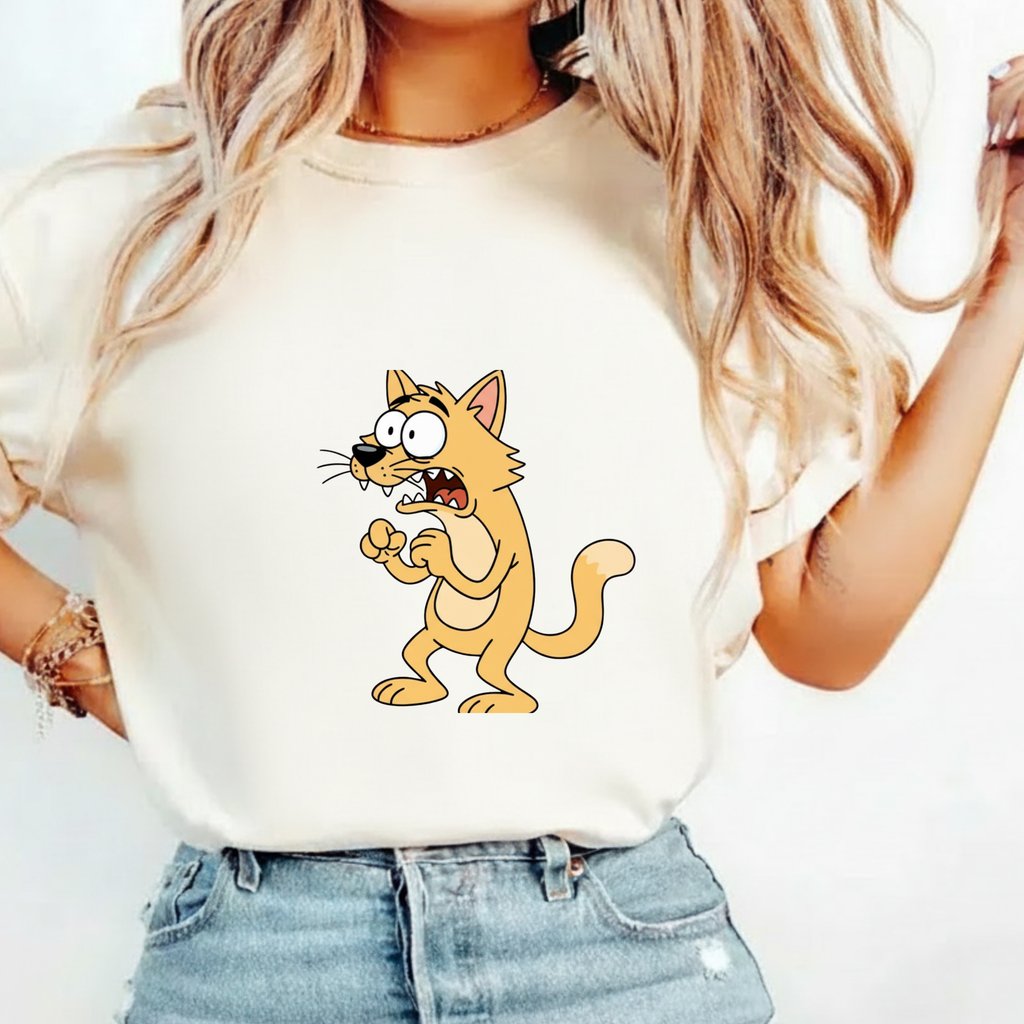 Scared Cartoon Cat T-Shirt — Funny Nervous Kitty Graphic Tee