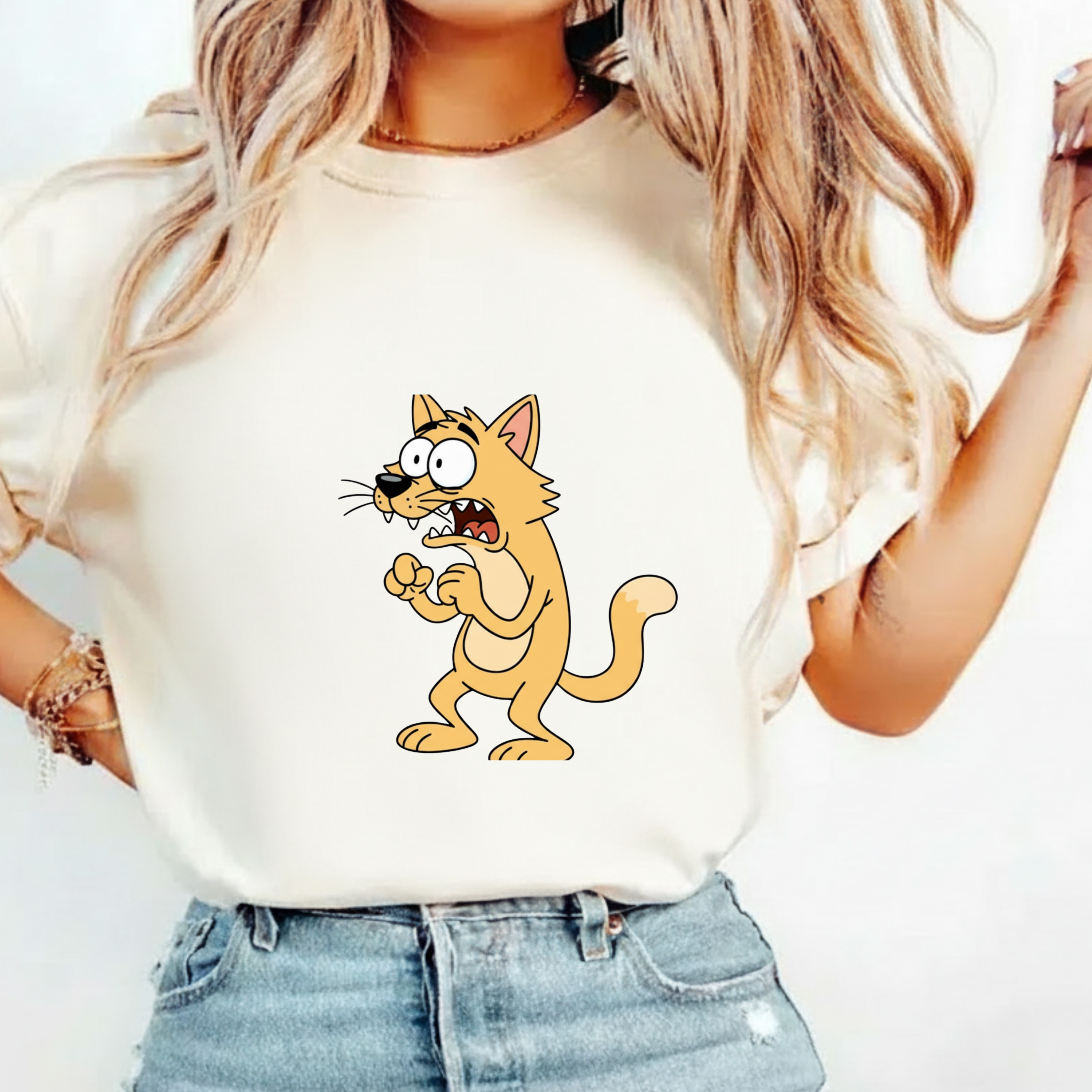 Scared Cartoon Cat T-Shirt — Funny Nervous Kitty Graphic Tee