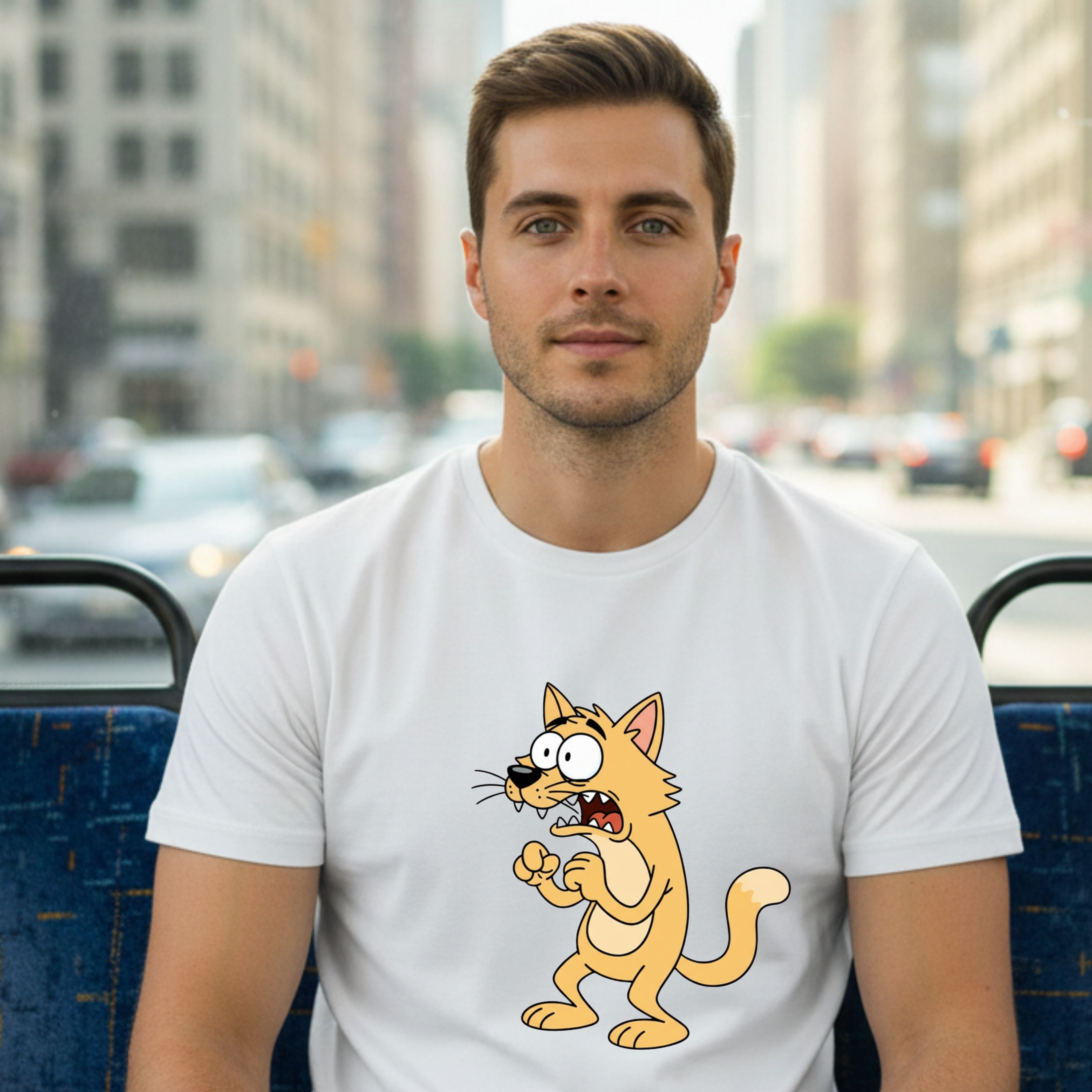 Scared Cartoon Cat T-Shirt — Funny Nervous Kitty Graphic Tee