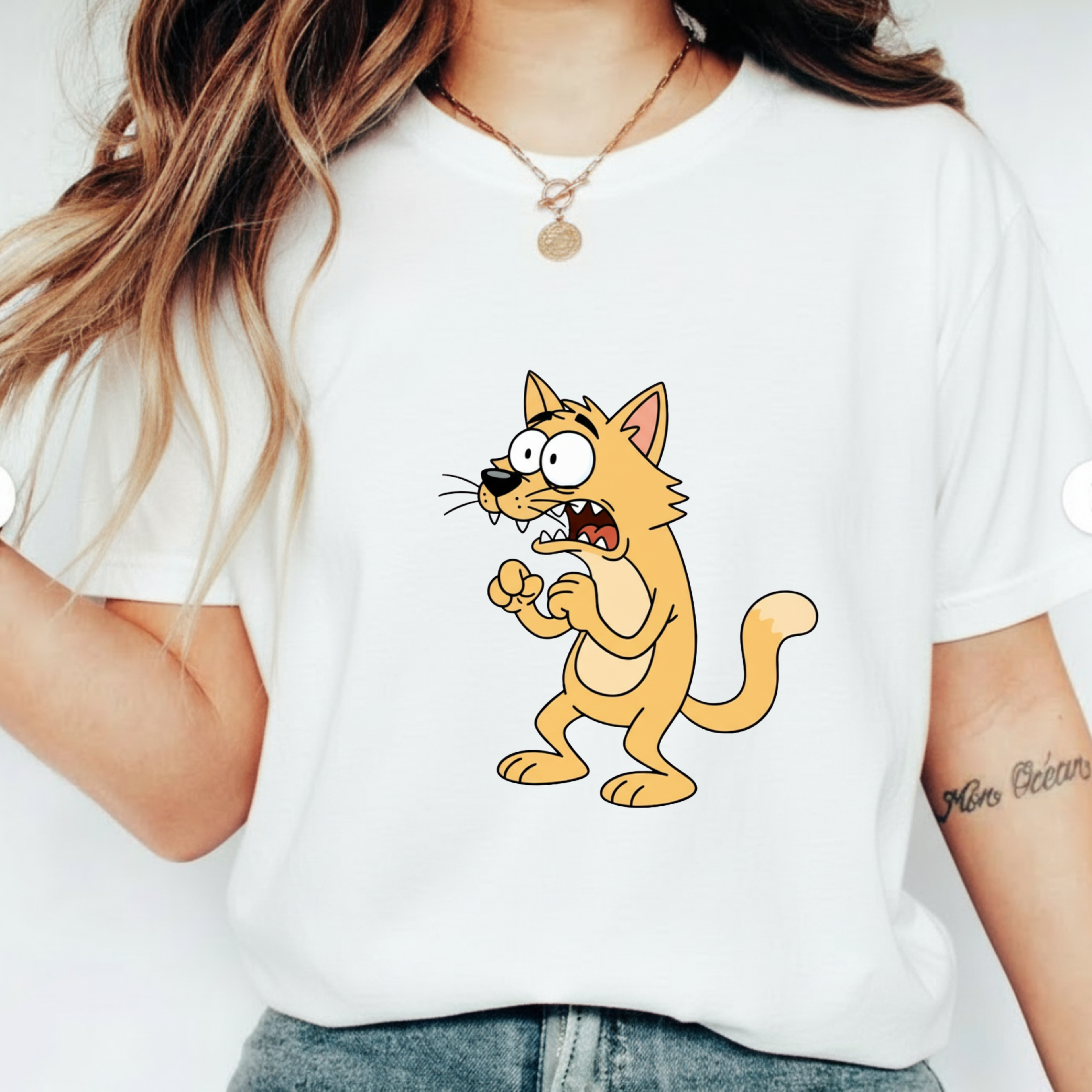 Scared Cartoon Cat T-Shirt — Funny Nervous Kitty Graphic Tee