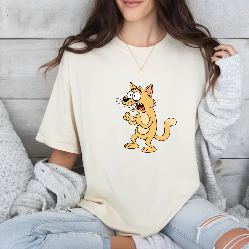 Scared Cartoon Cat T-Shirt — Funny Nervous Kitty Graphic Tee