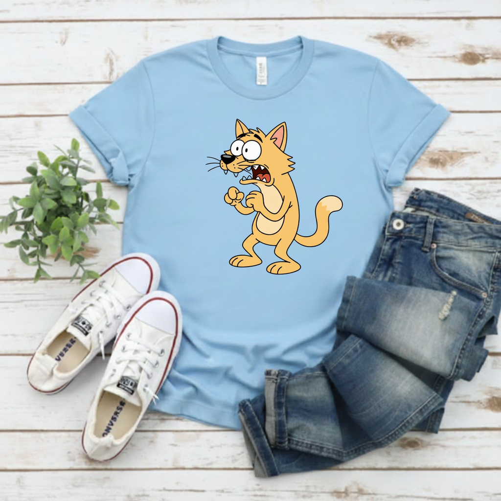 Scared Cartoon Cat T-Shirt — Funny Nervous Kitty Graphic Tee