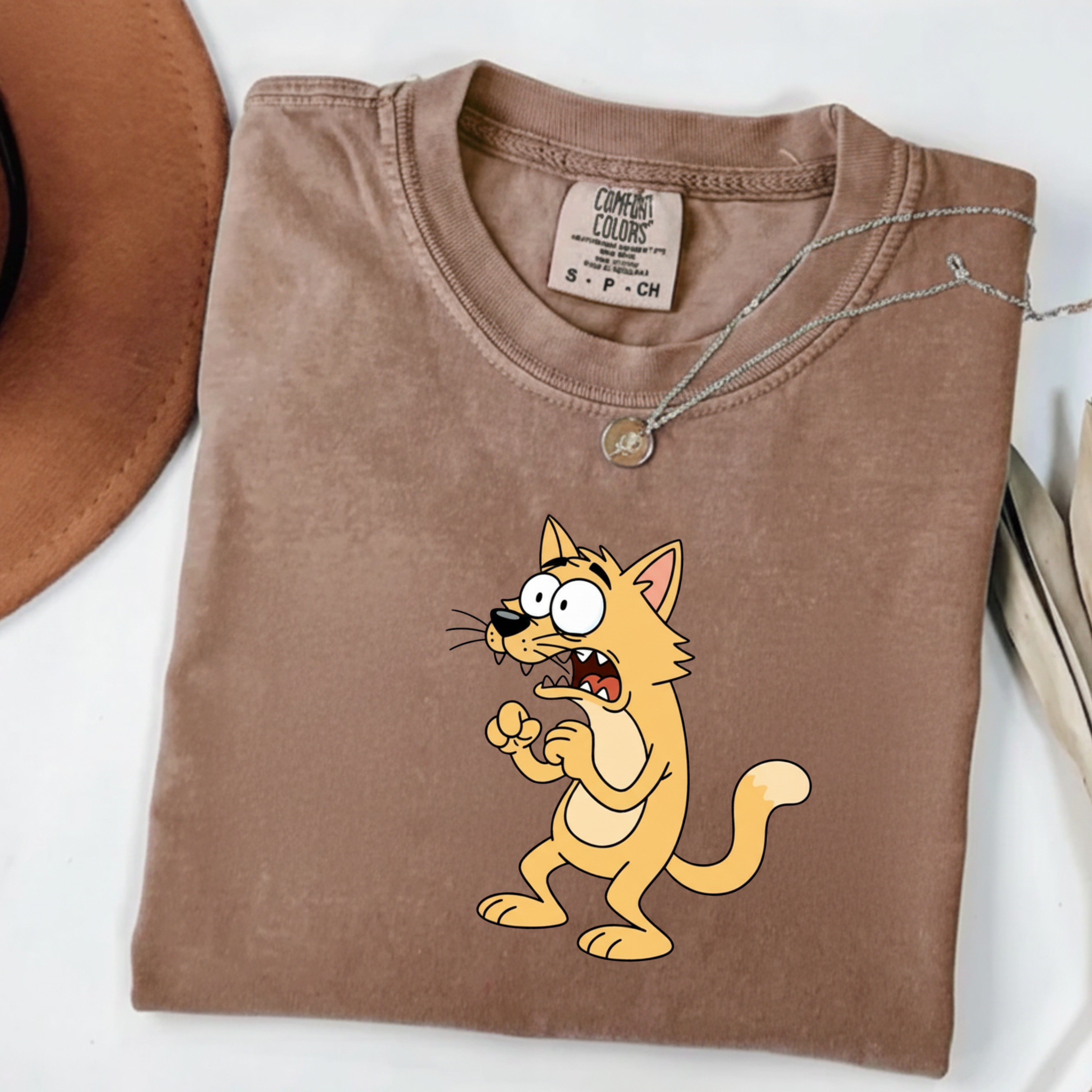 Scared Cartoon Cat T-Shirt — Funny Nervous Kitty Graphic Tee