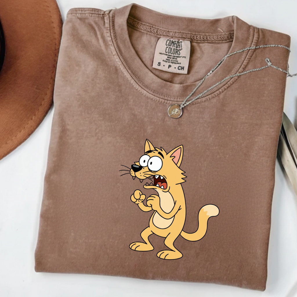 Scared Cartoon Cat T-Shirt — Funny Nervous Kitty Graphic Tee