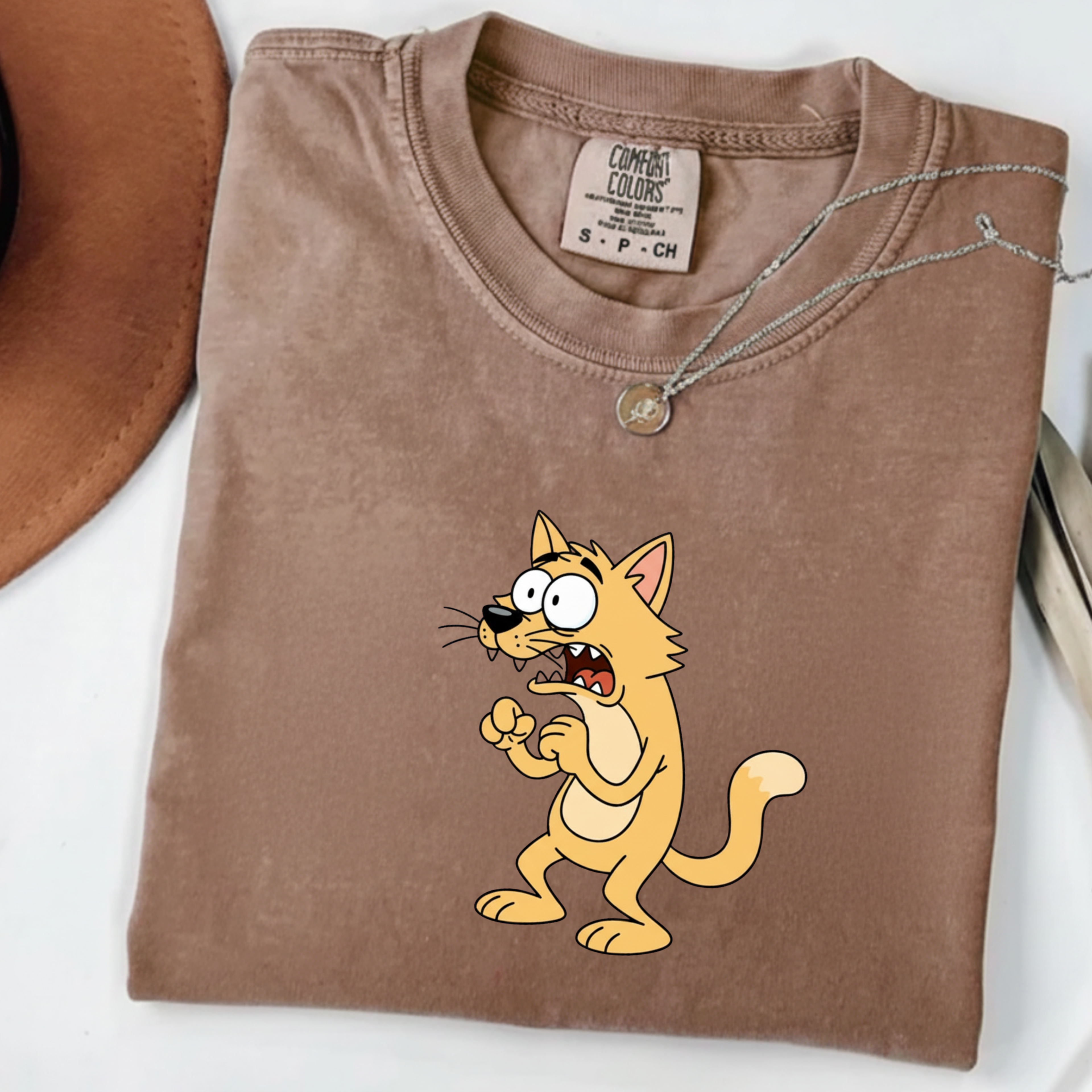 Scared Cartoon Cat T-Shirt — Funny Nervous Kitty Graphic Tee