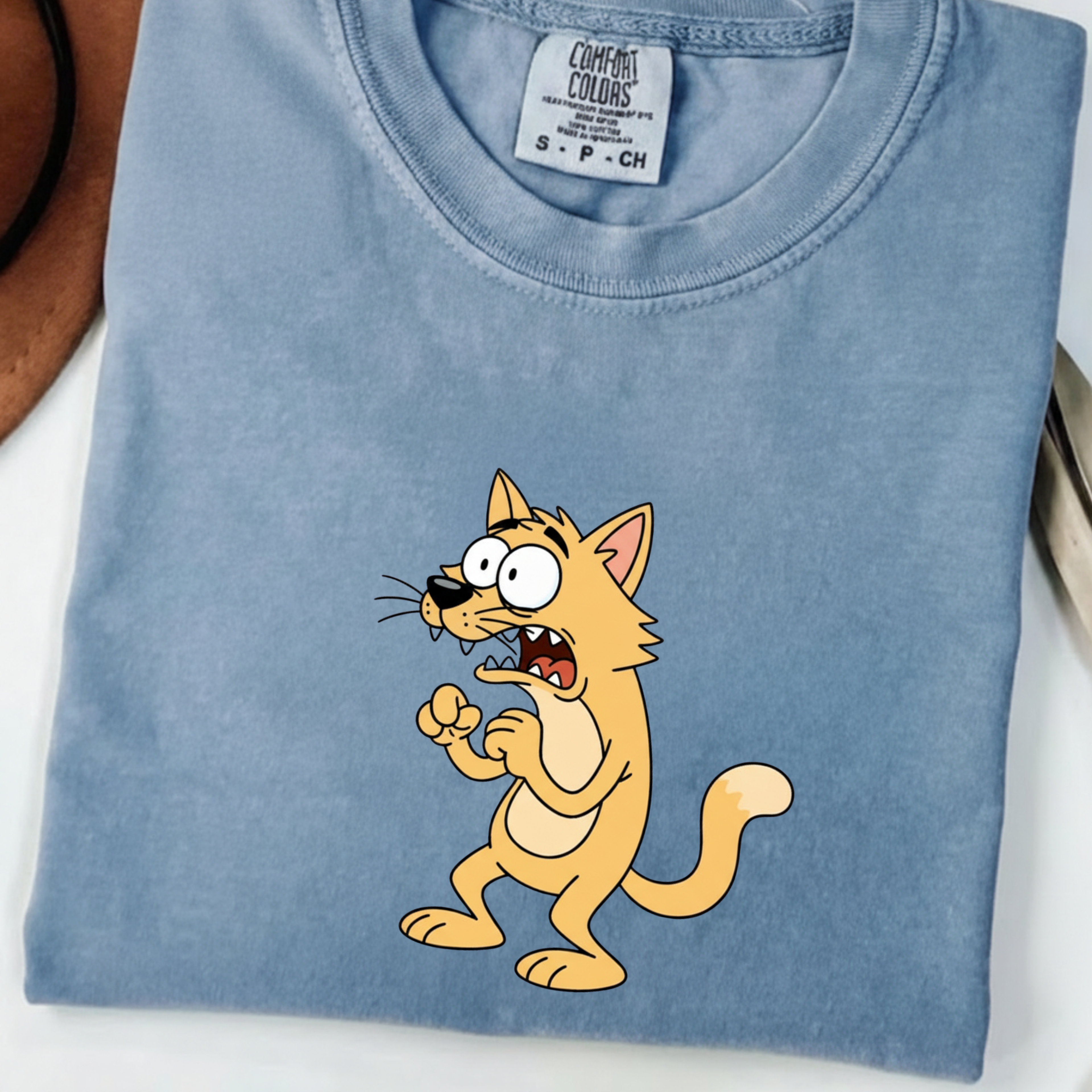 Scared Cartoon Cat T-Shirt — Funny Nervous Kitty Graphic Tee
