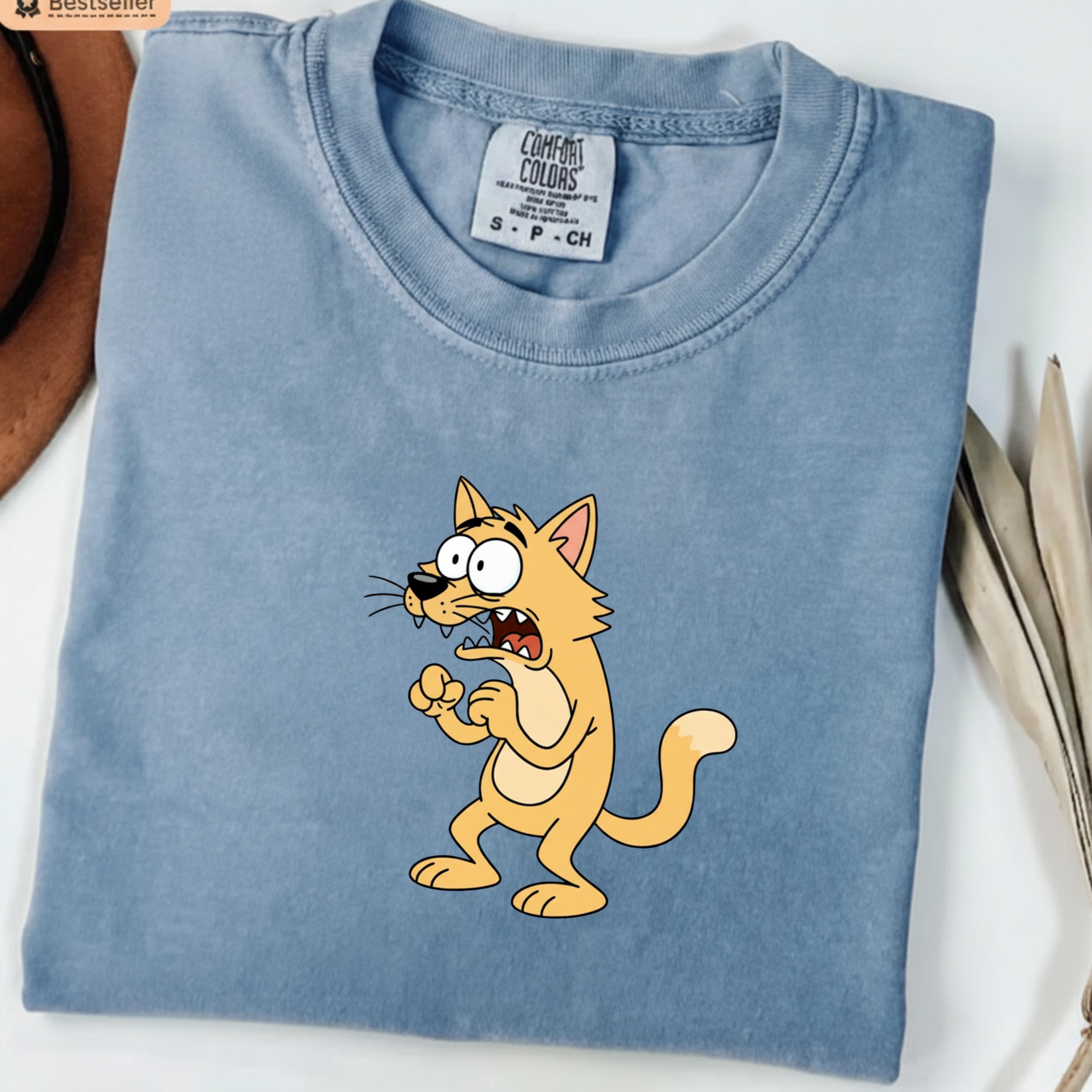 Scared Cartoon Cat T-Shirt — Funny Nervous Kitty Graphic Tee